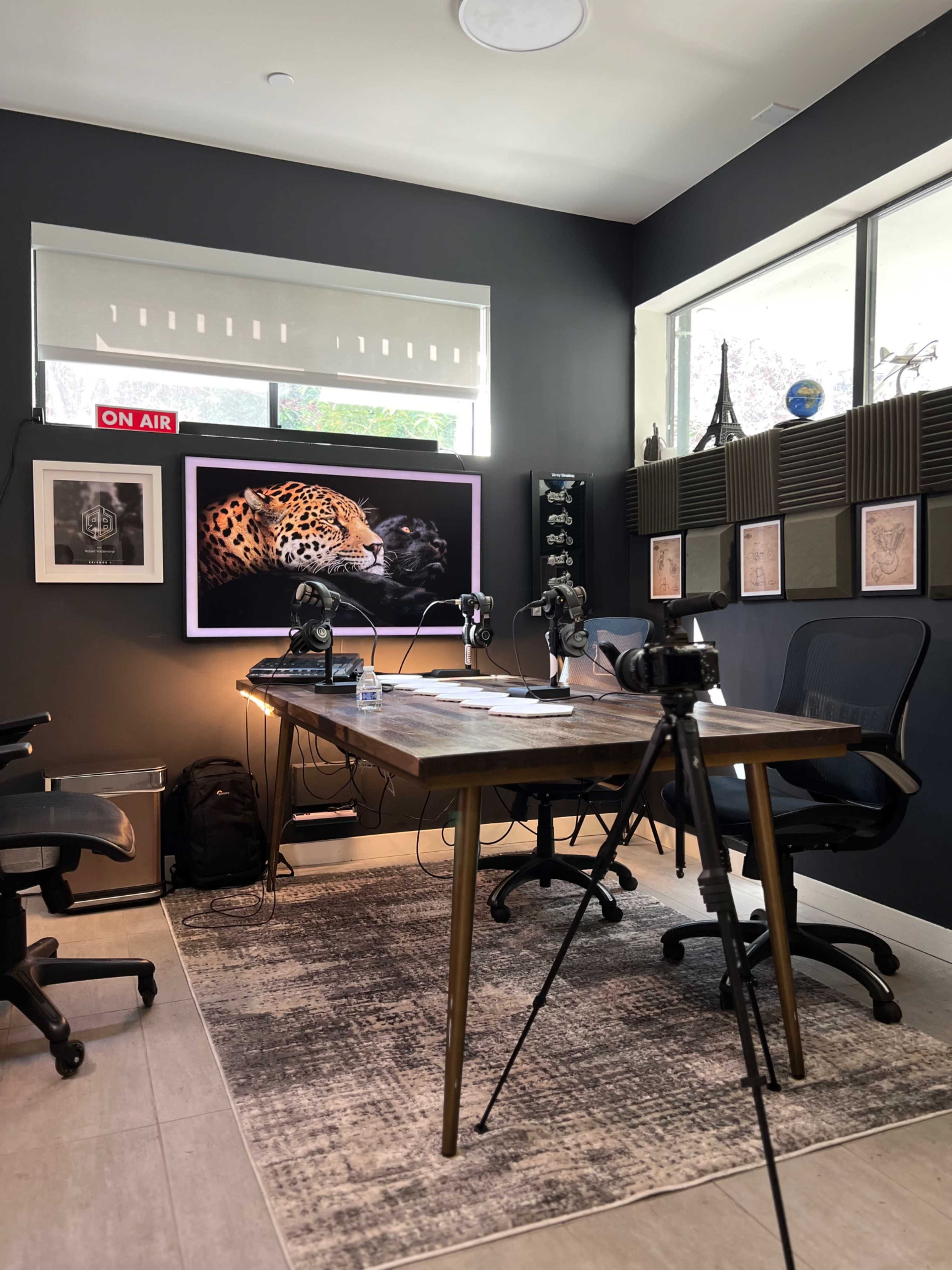 A recording studio with a table, chairs, and a large framed photo of a leopard on the wall, accompanied by microphones and camera equipment.