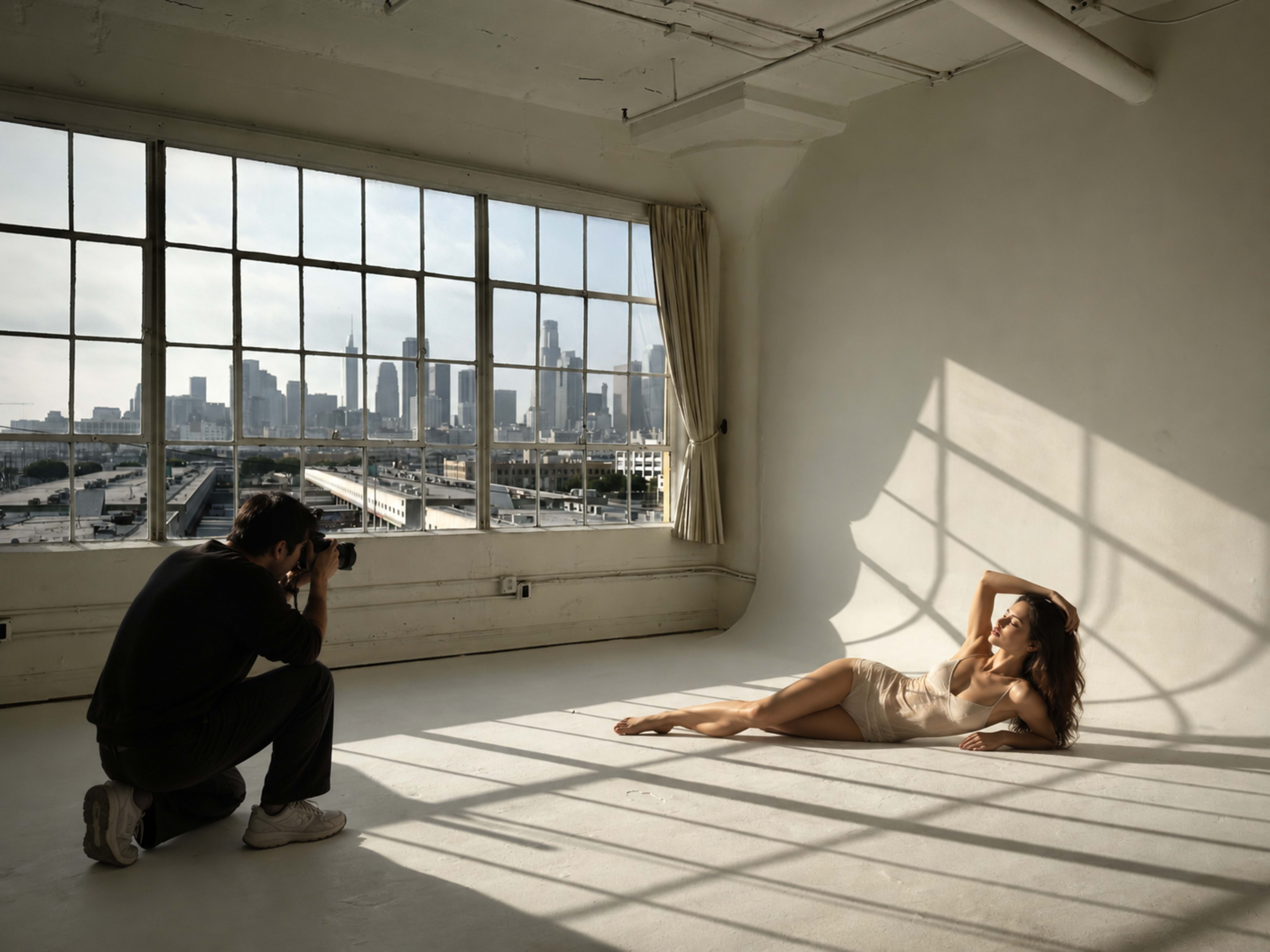 A photographer captures a model posing on the floor in front of a large window with a city skyline in the background.
