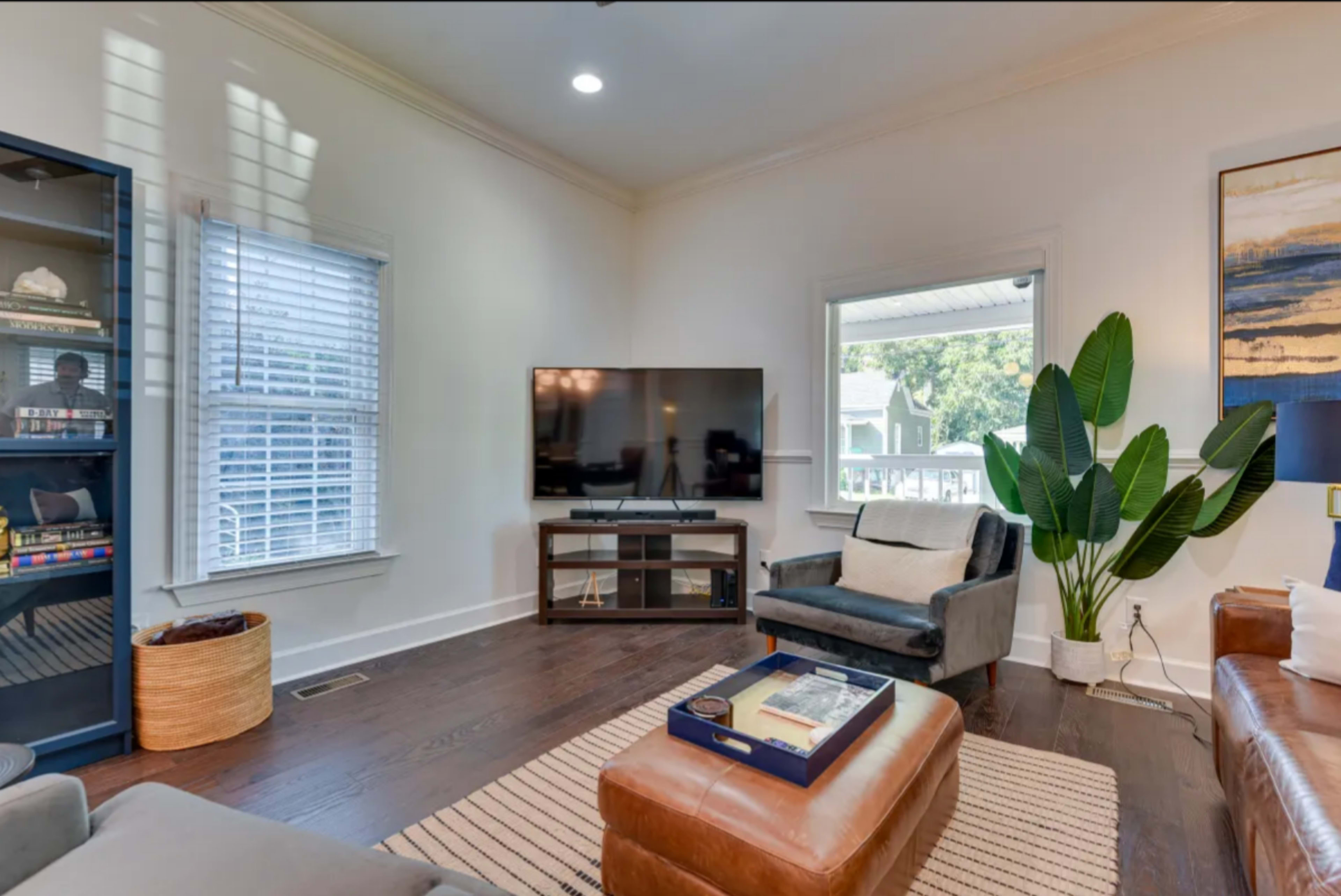 A bright living room featuring a black television mounted on a light-colored wall, a plant in the corner, and a mix of furniture including a leather sofa and an armchair.
