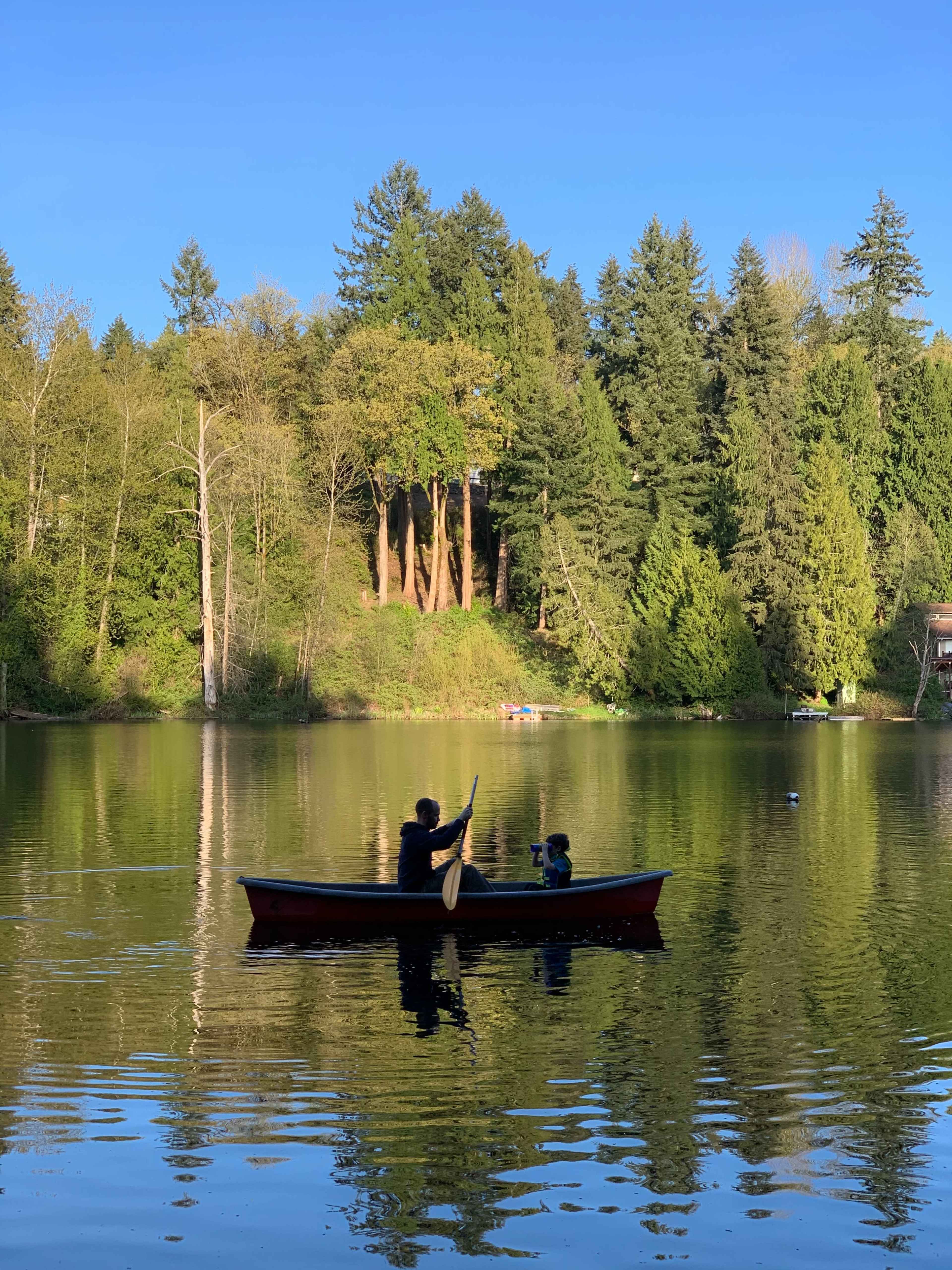 A person paddles a canoe on a calm lake surrounded by dense trees.
