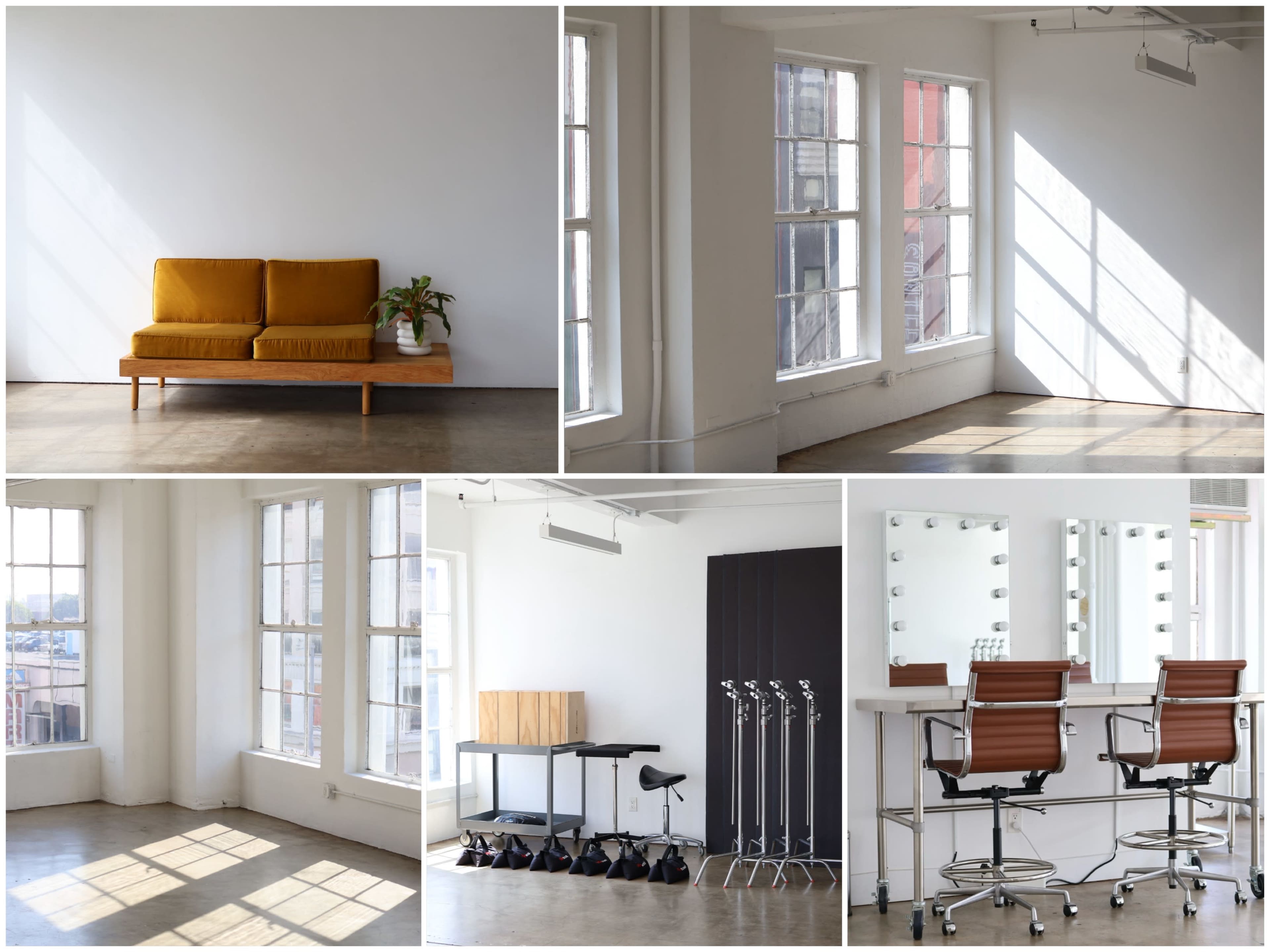 The image features a bright, minimalist interior with large windows, a yellow couch, and a vanity area with mirrors and chairs.