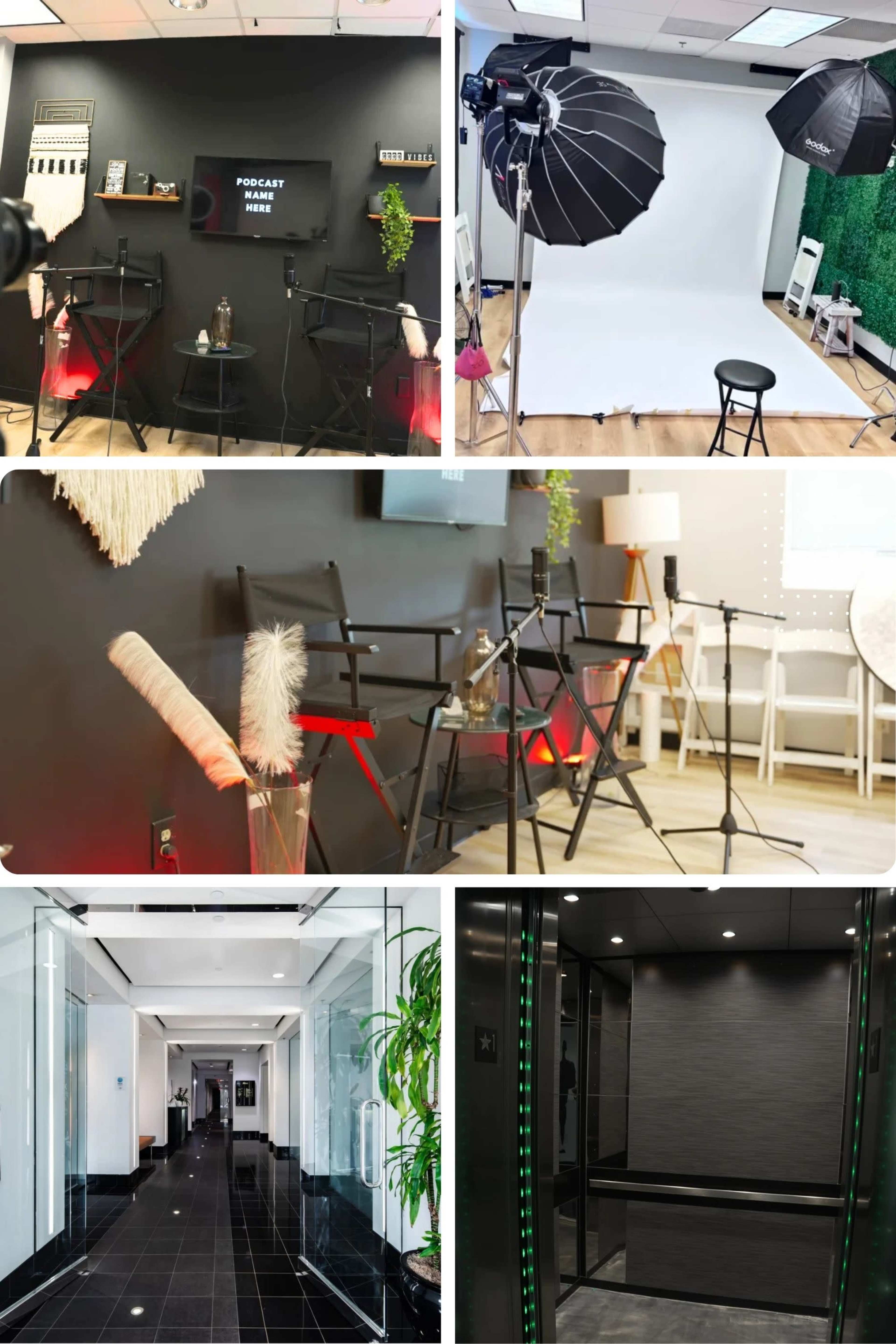 The image features six panels showcasing various settings, including a podcast studio, photography backdrop, and office corridors with elevators.