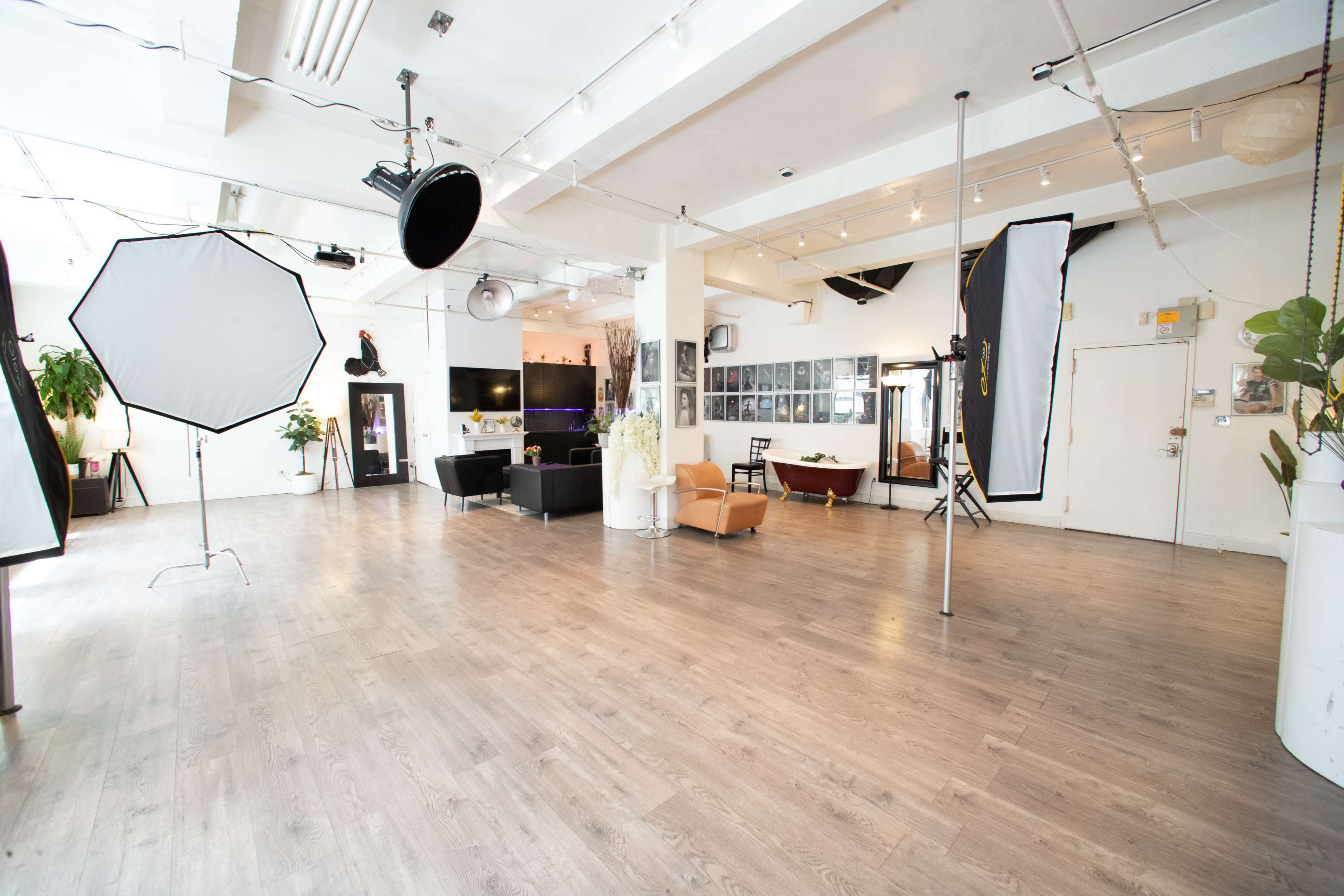 The image shows a spacious, well-lit photography studio featuring various lighting equipment, seating areas, and decorative plants.