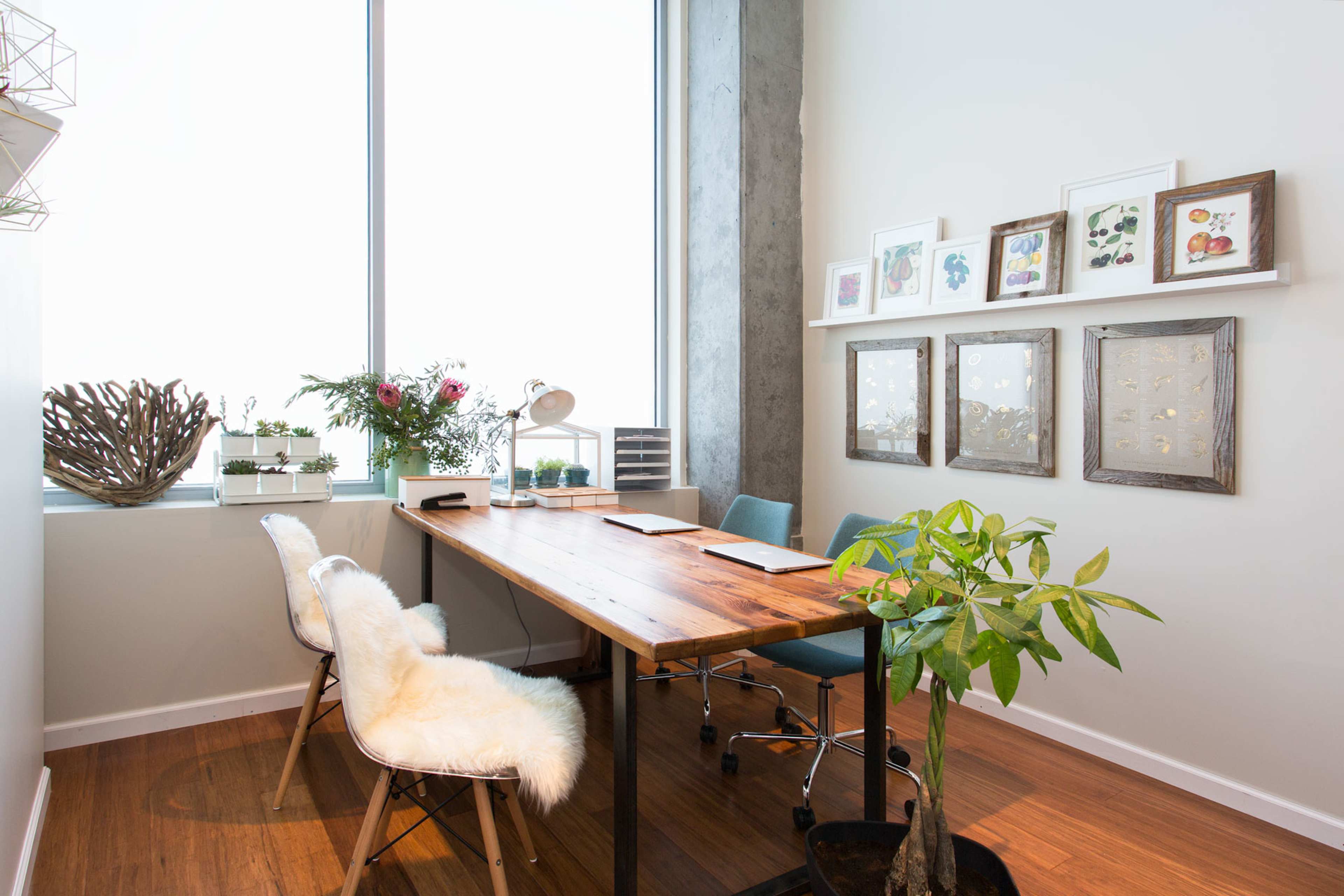 A small modern office with a wooden desk, two chairs, and a window featuring plants and framed artwork on the walls.