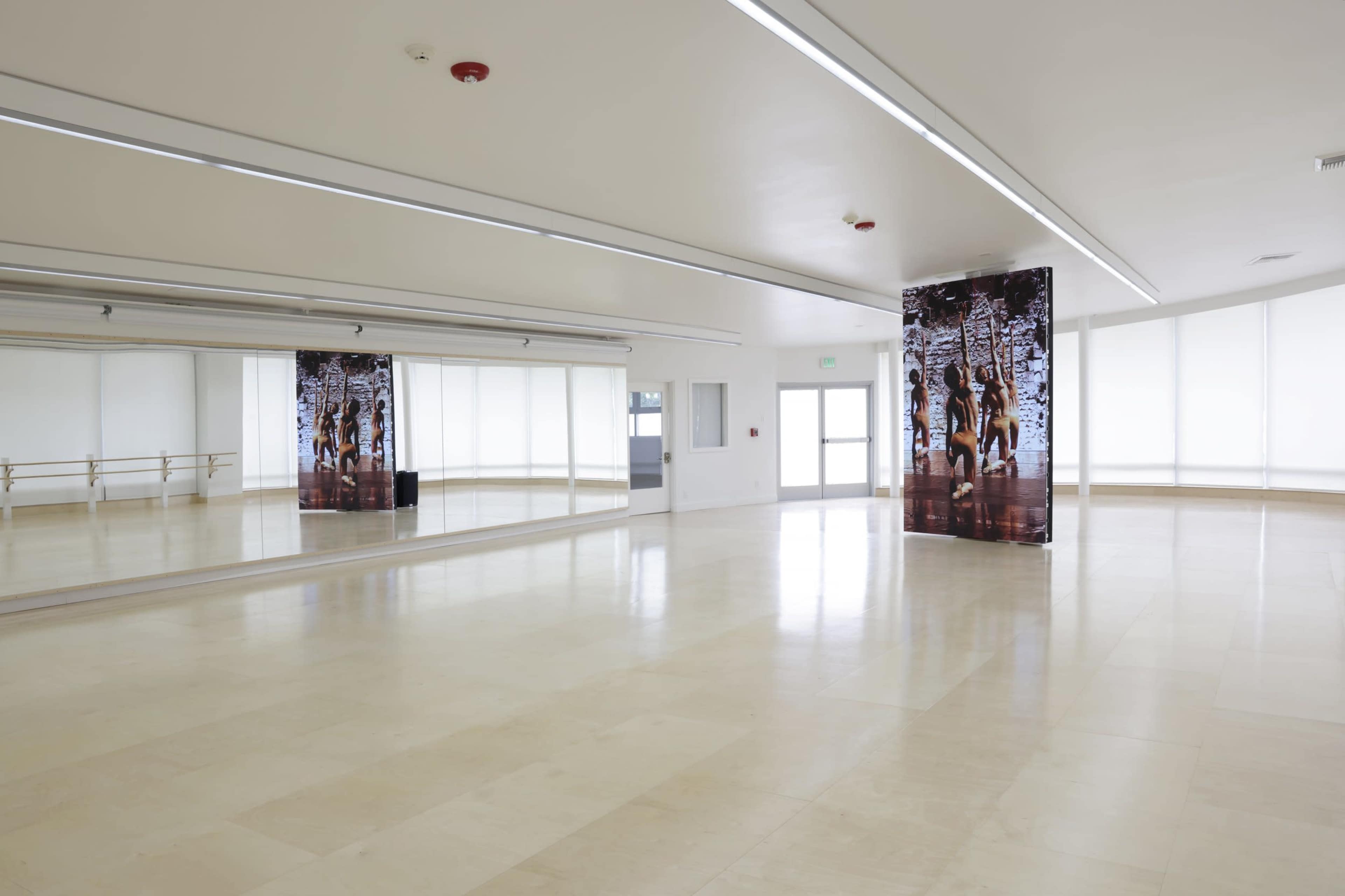 An empty dance studio features large mirrors, bright lighting, and a framed image on the wall.