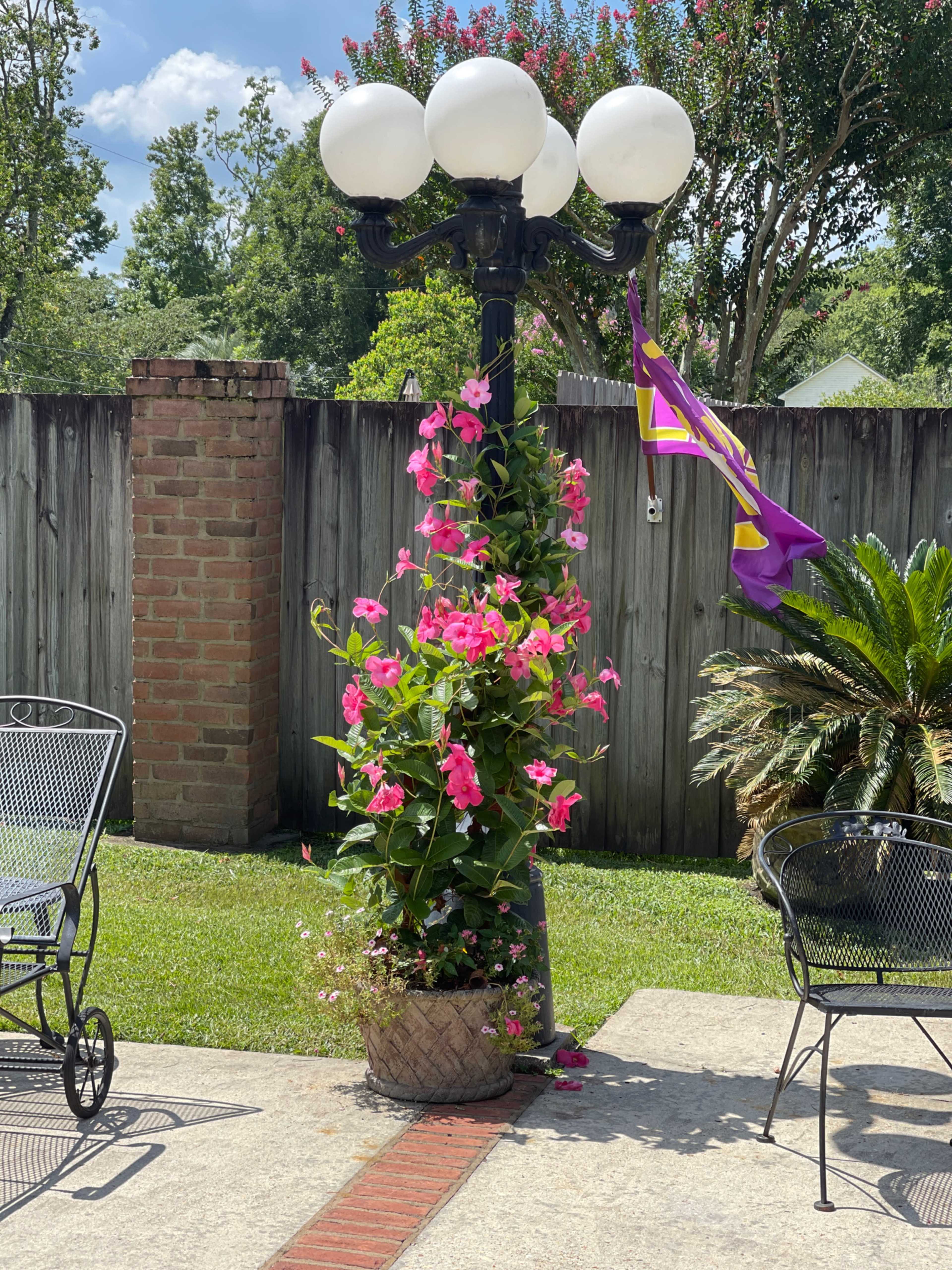 A lamppost adorned with pink flowers stands in a grassy area beside a wooden fence, with a purple flag and patio chairs nearby.