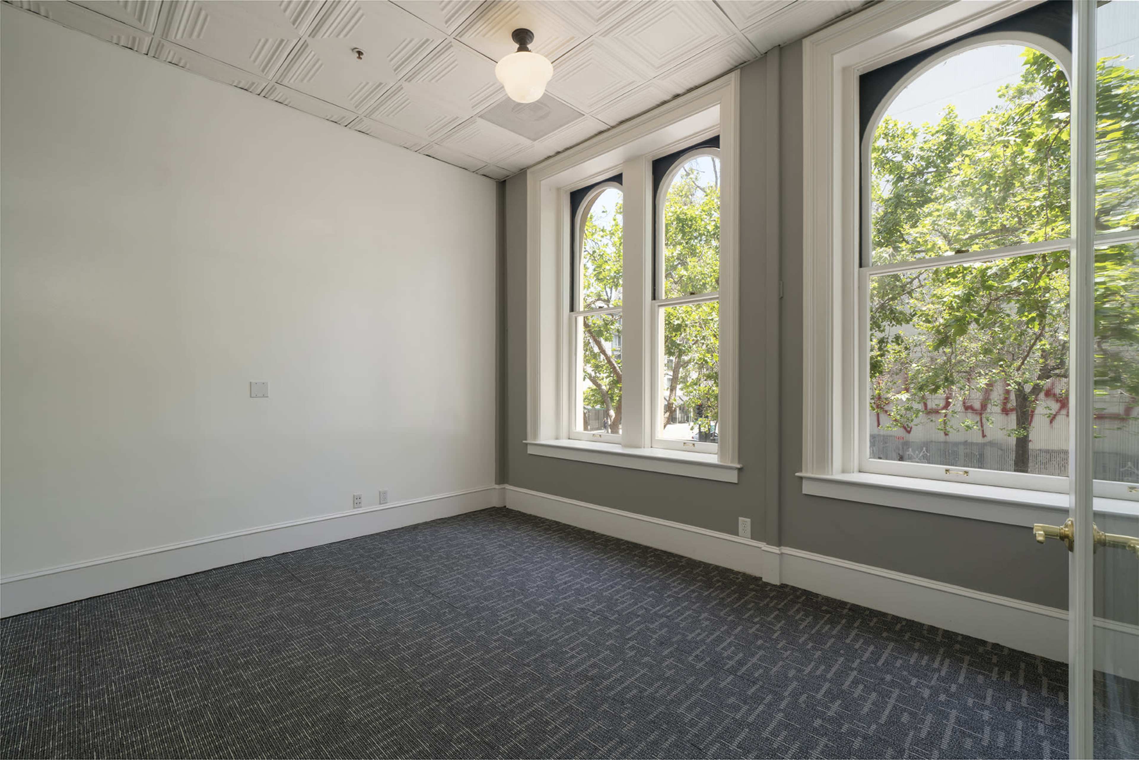 An empty room with light gray walls, large arched windows, and a patterned carpet.