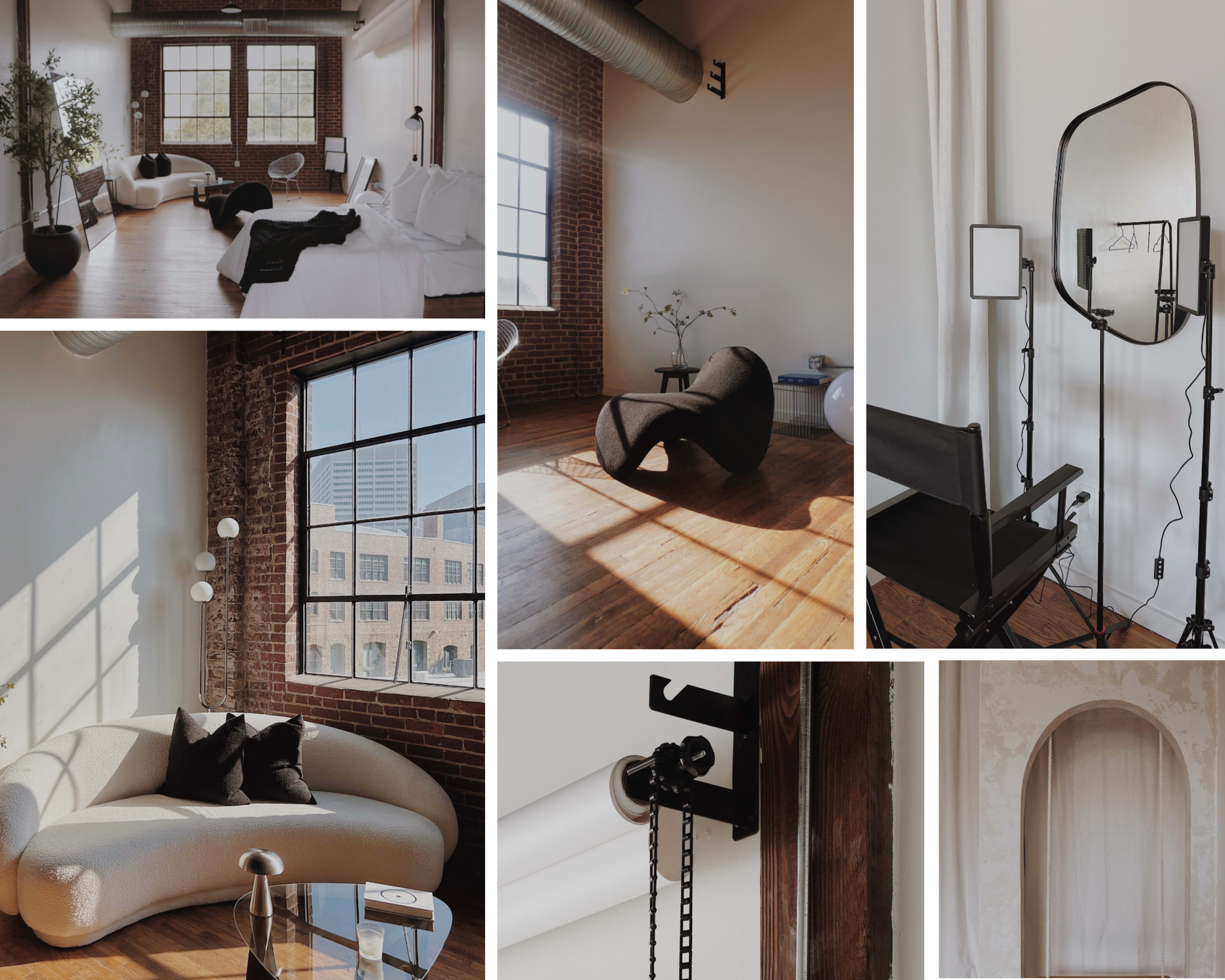 The image showcases a modern, stylish interior with a mix of furniture and decor, including a curved sofa, large windows, and various lighting equipment.