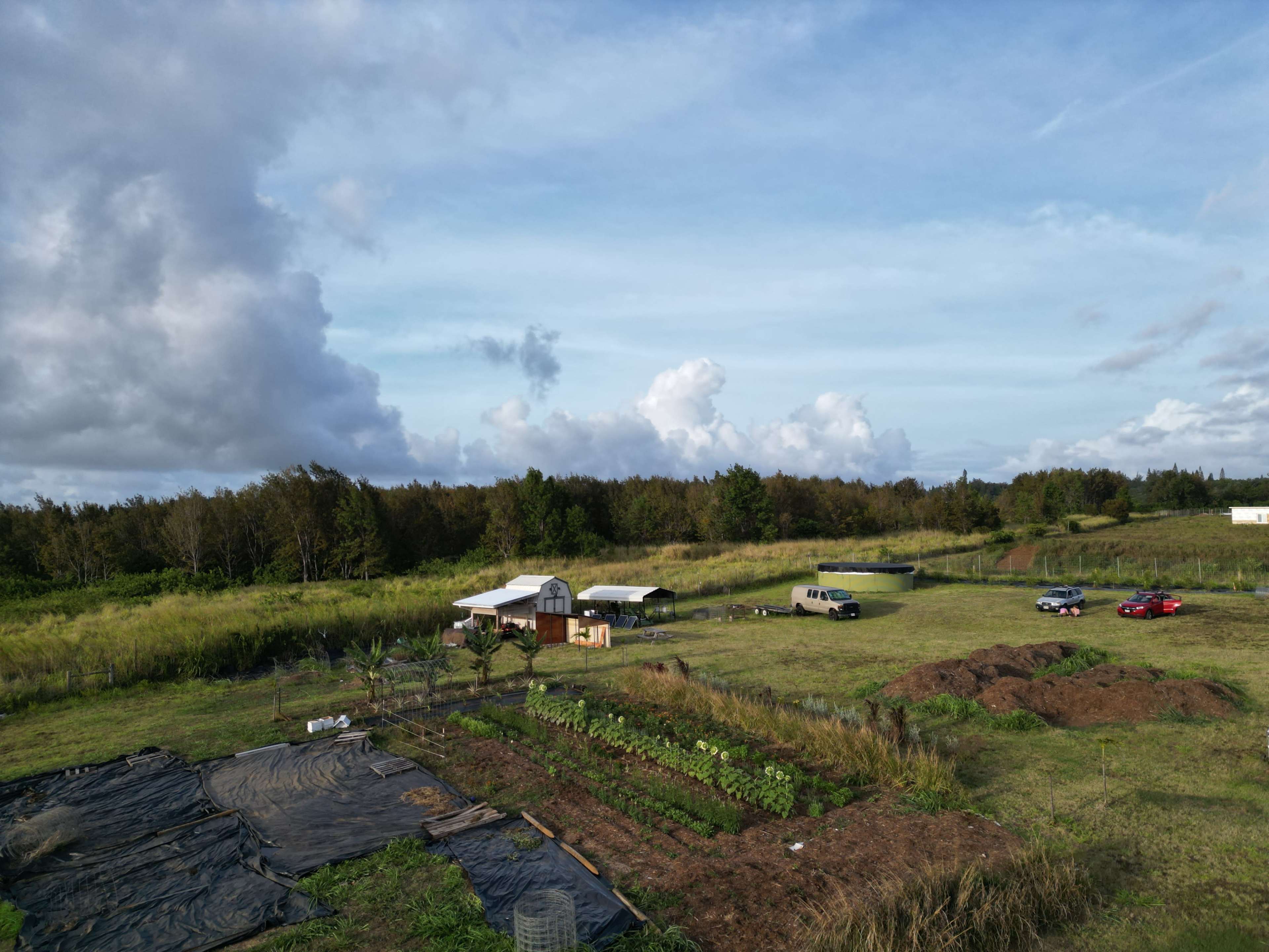 The image shows an aerial view of a rural landscape featuring a small farm with several planted rows, a few vehicles, and structures surrounded by greenery and clouds in the sky.