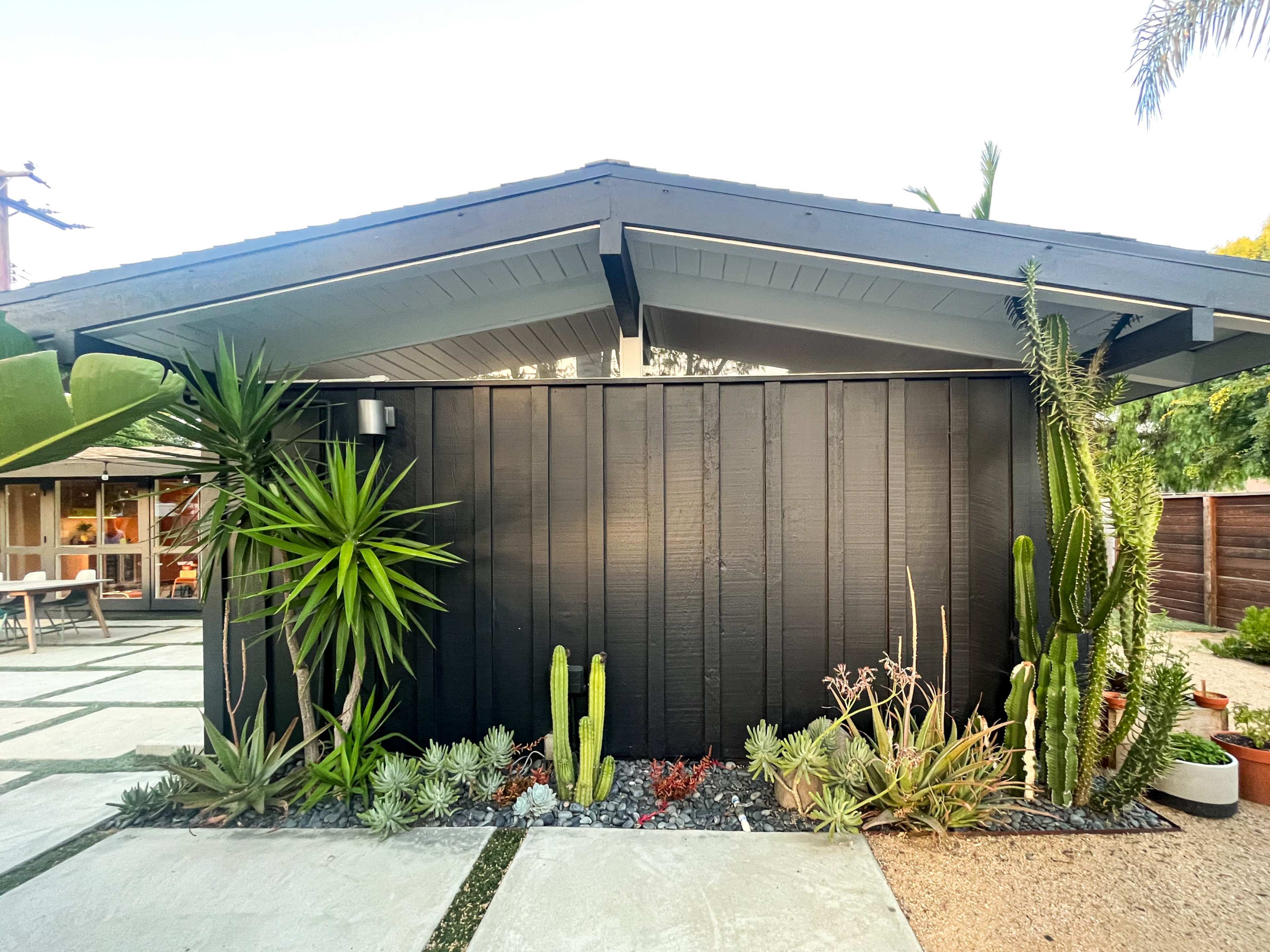 The image shows a modern black house exterior adorned with various desert plants and succulents in a landscaped garden.