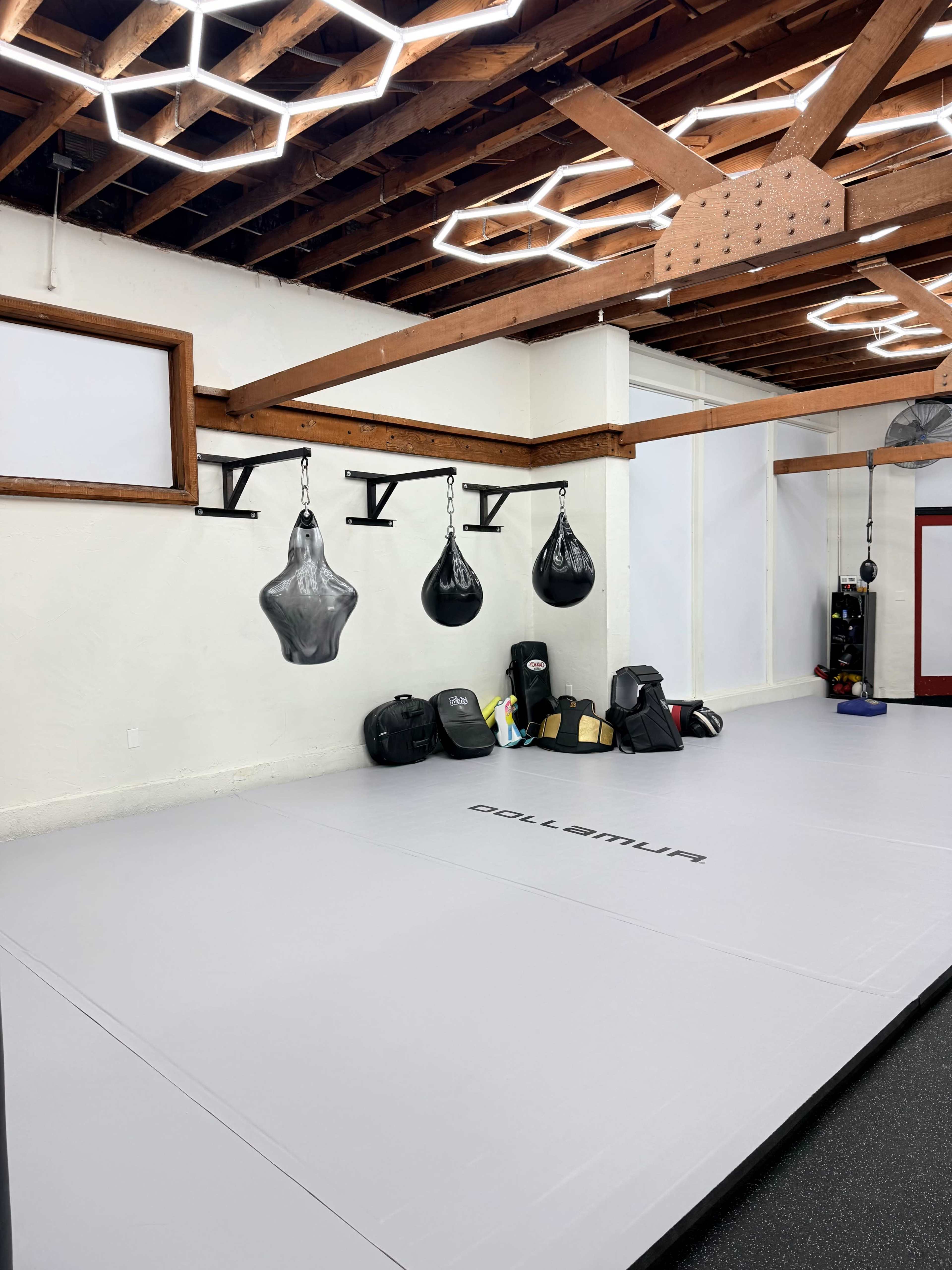 The image shows a clean martial arts training gym with hanging punching bags, padded flooring, and various gym equipment neatly arranged against the wall.