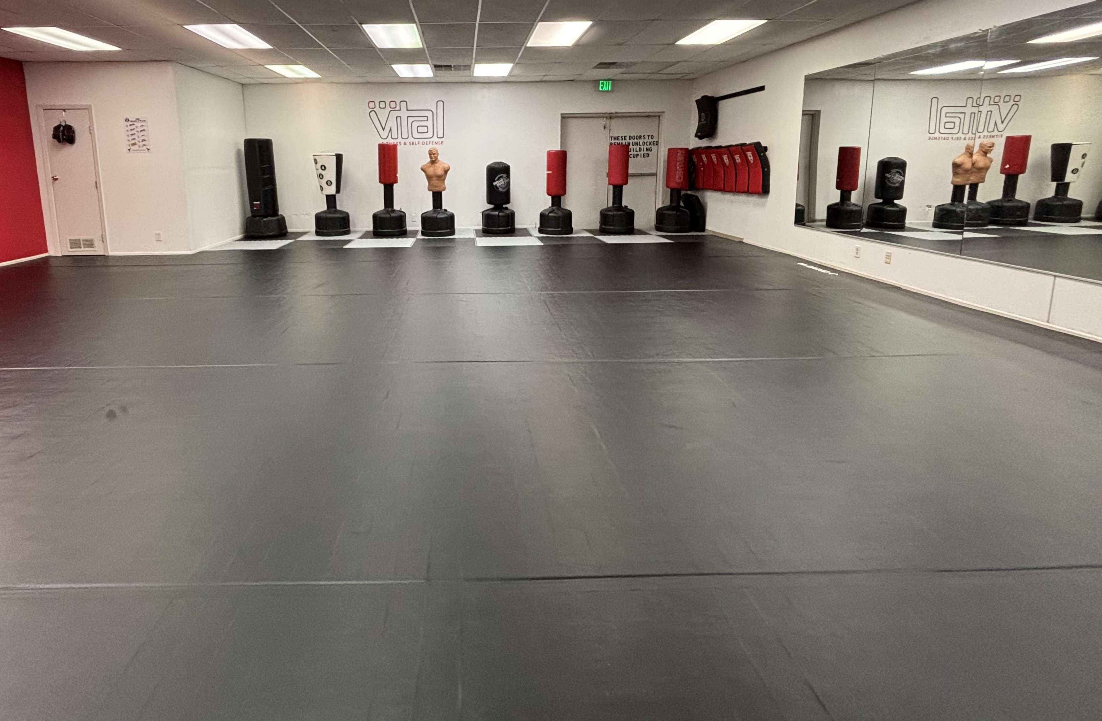 The image shows a martial arts studio with black mats, several training bags, and mirrors along the walls.