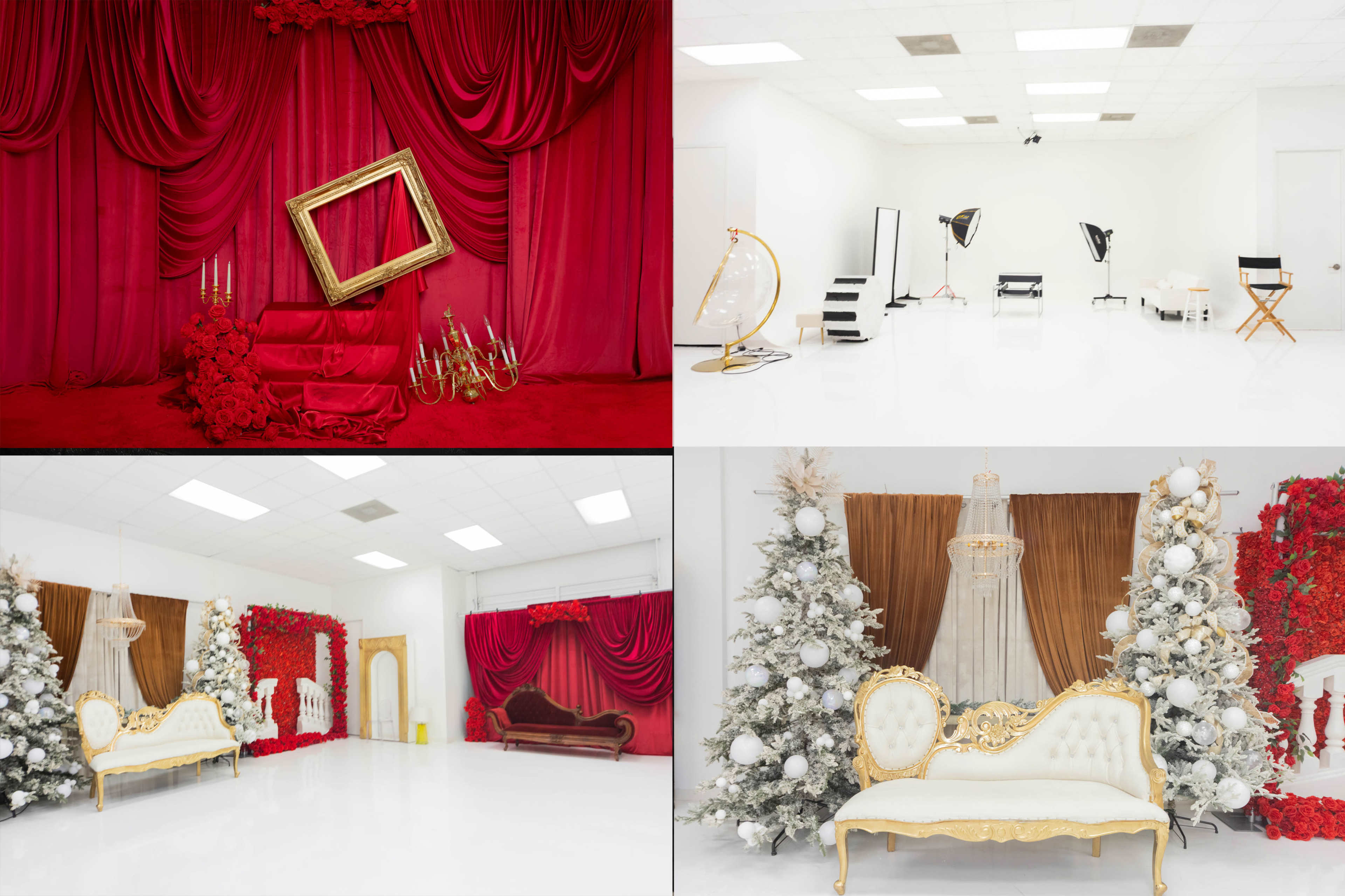 The image features four different studio setups: the top left has a red velvet backdrop with a decorative frame, the top right shows an empty white studio with photography equipment, the bottom left displays a white room with a red curtain and couch, and the bottom right showcases a festive decor setup with Christmas trees and
