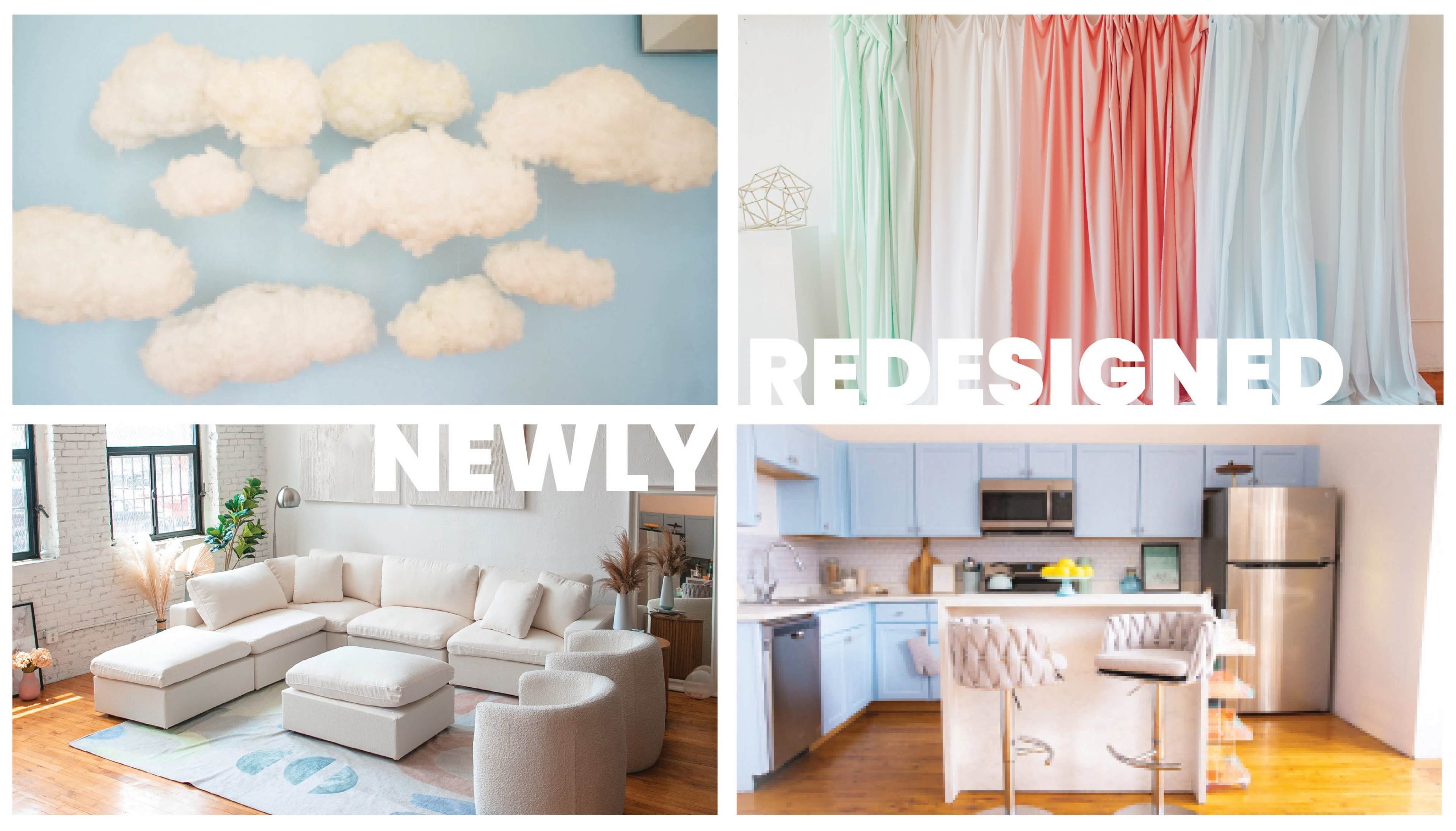 Four redesigned interior scenes, including cloud decorations on a wall, colorful curtains, a modern living room with white furniture, and a stylish kitchen with light blue cabinets.