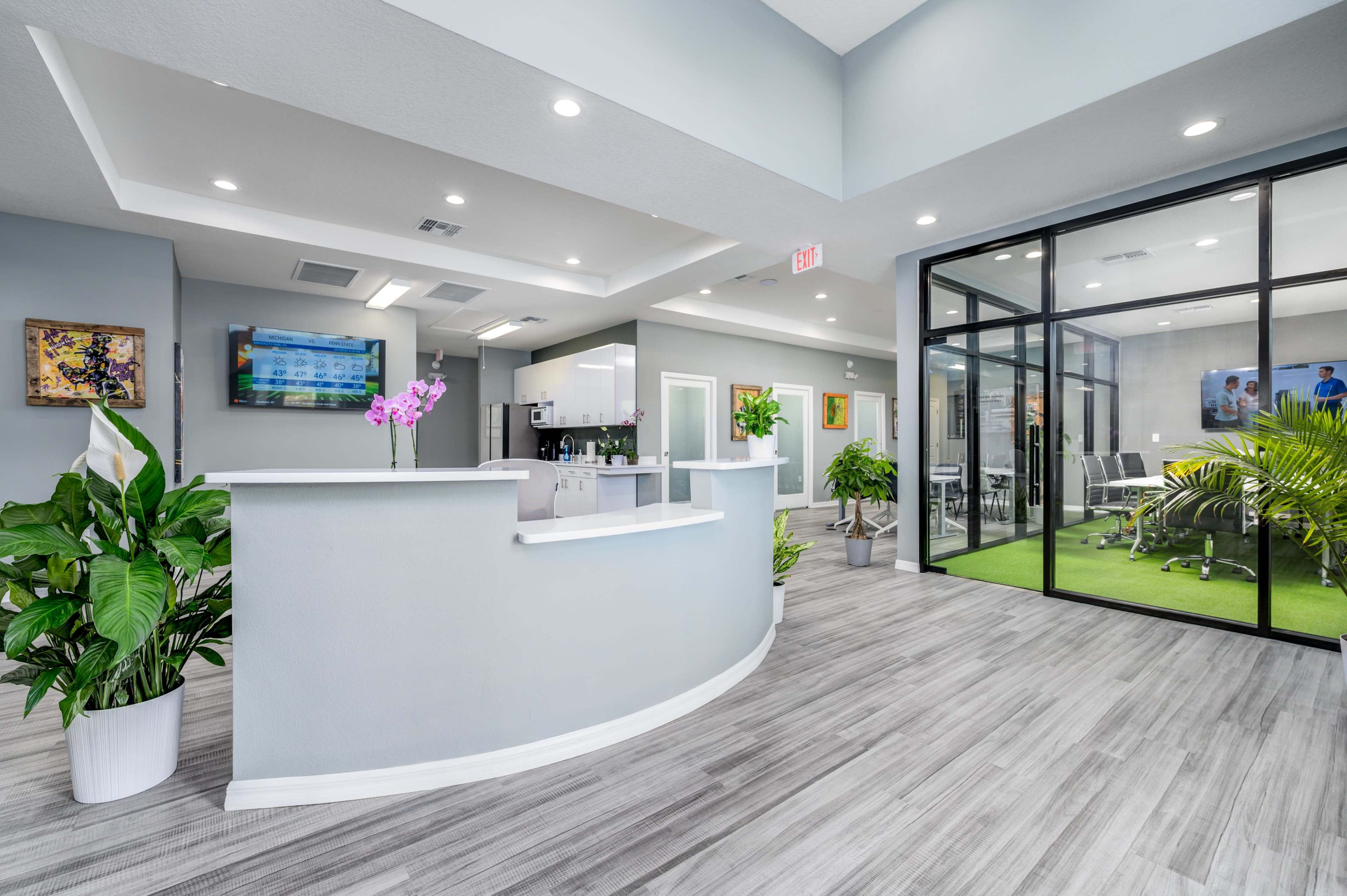 A modern reception area features a curved front desk, potted plants, and a glass-walled conference room filled with chairs.