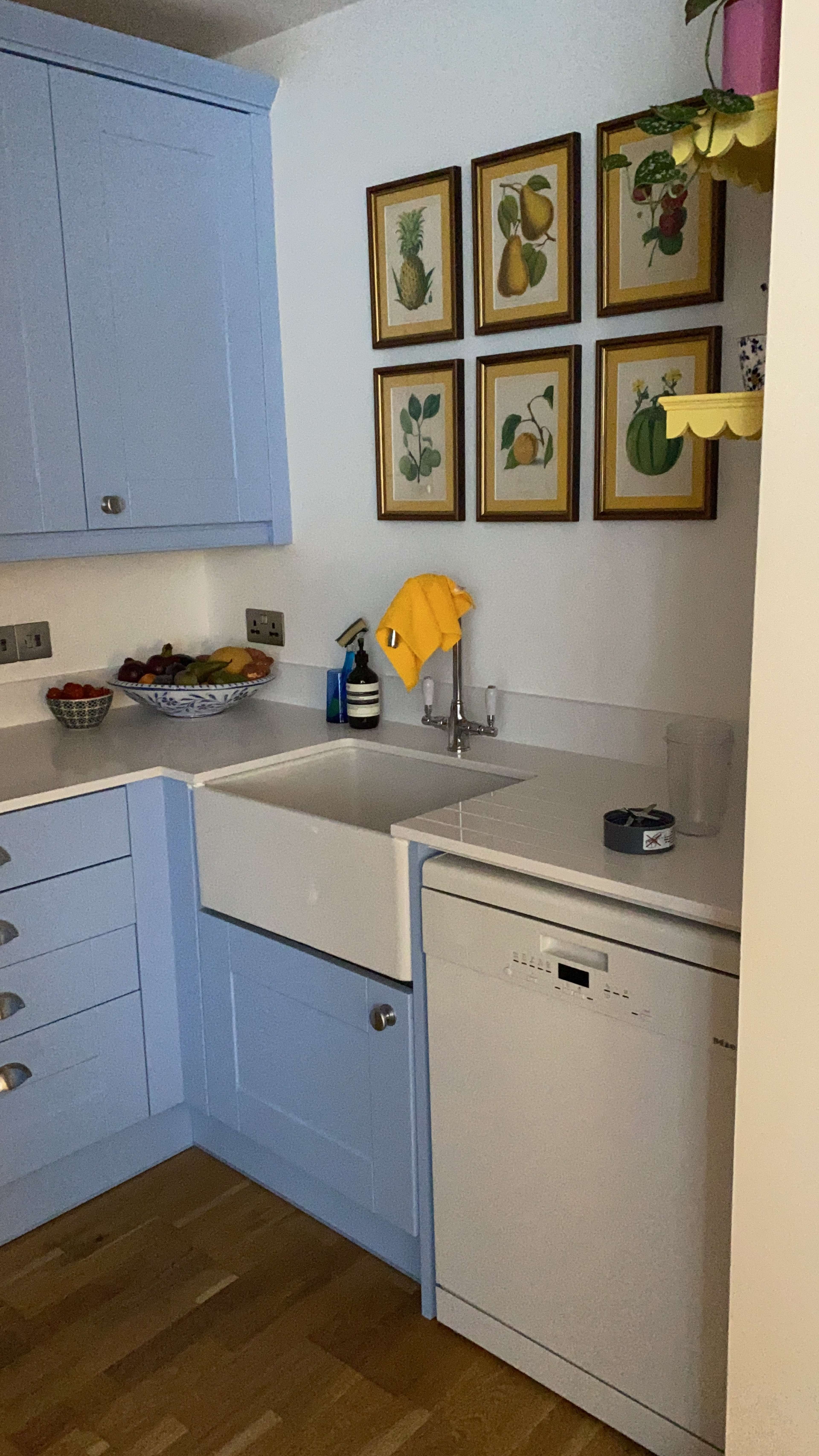 A kitchen corner featuring blue cabinetry, a white farmhouse sink, a built-in dishwasher, and framed fruit illustrations on the wall.
