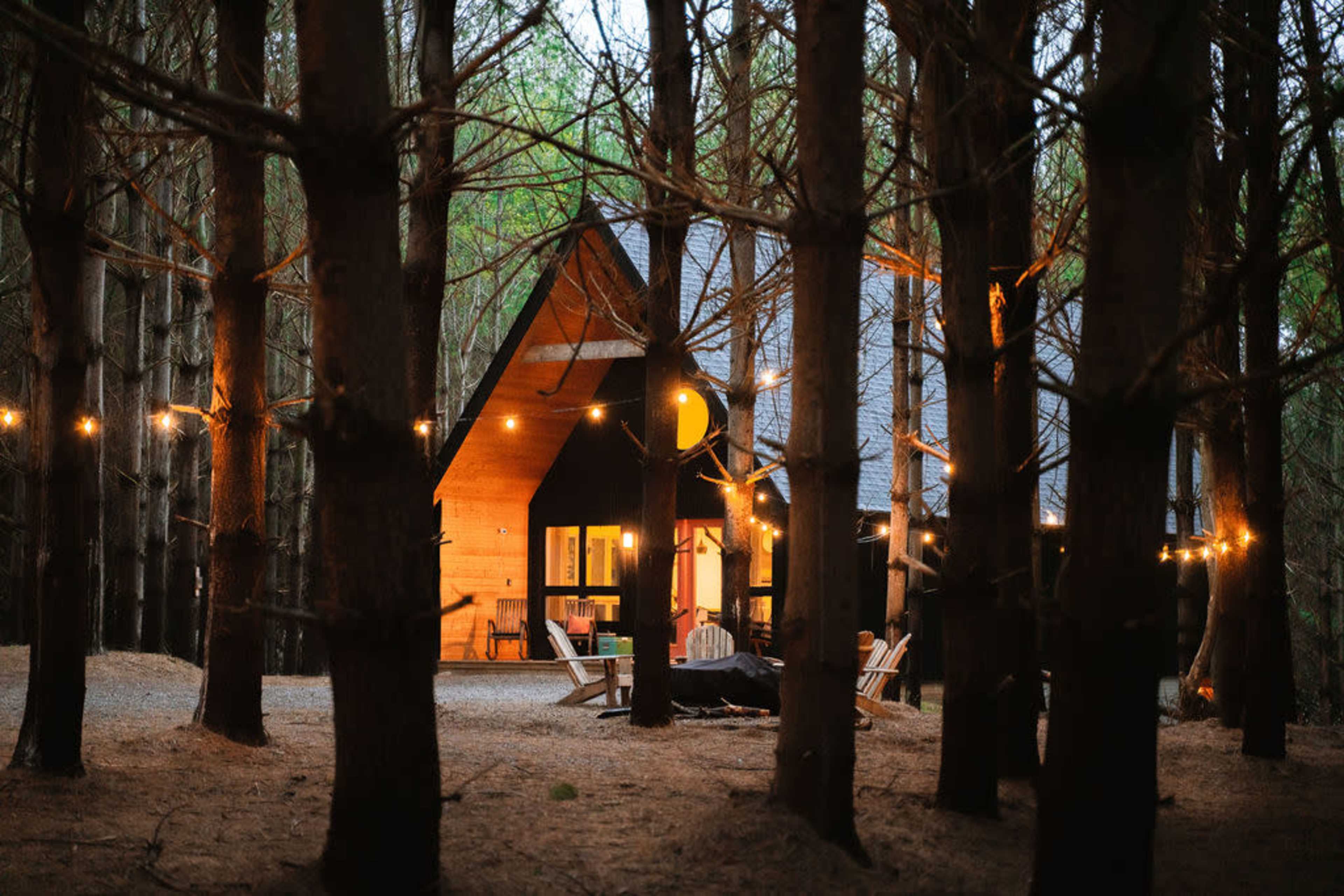 A wooden cabin with a sloped roof sits among tall trees, illuminated by warm lights strung outside.