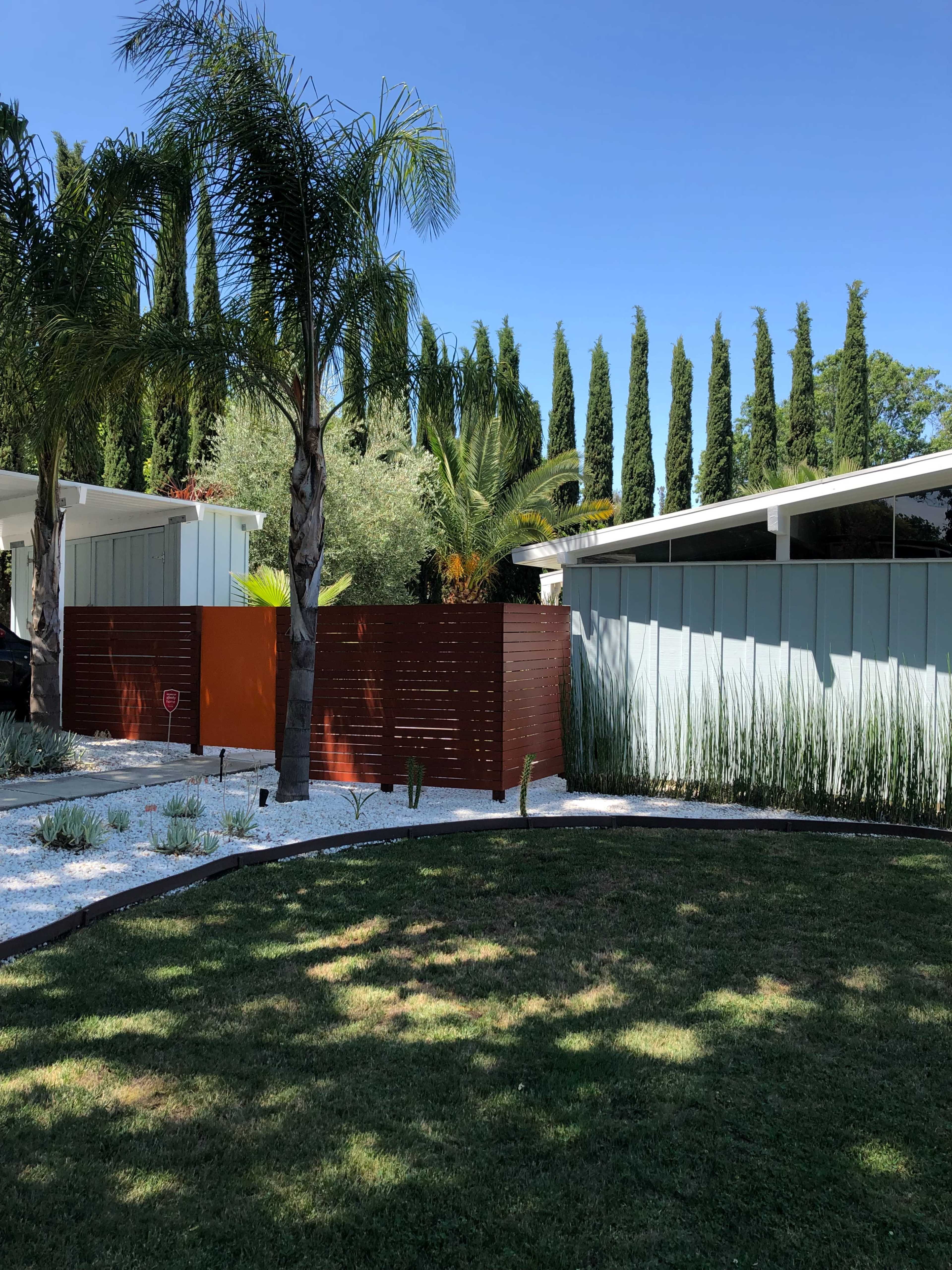 A landscaped outdoor area featuring palm trees, tall cypress trees, a wooden fence, and a border of gravel and grass.