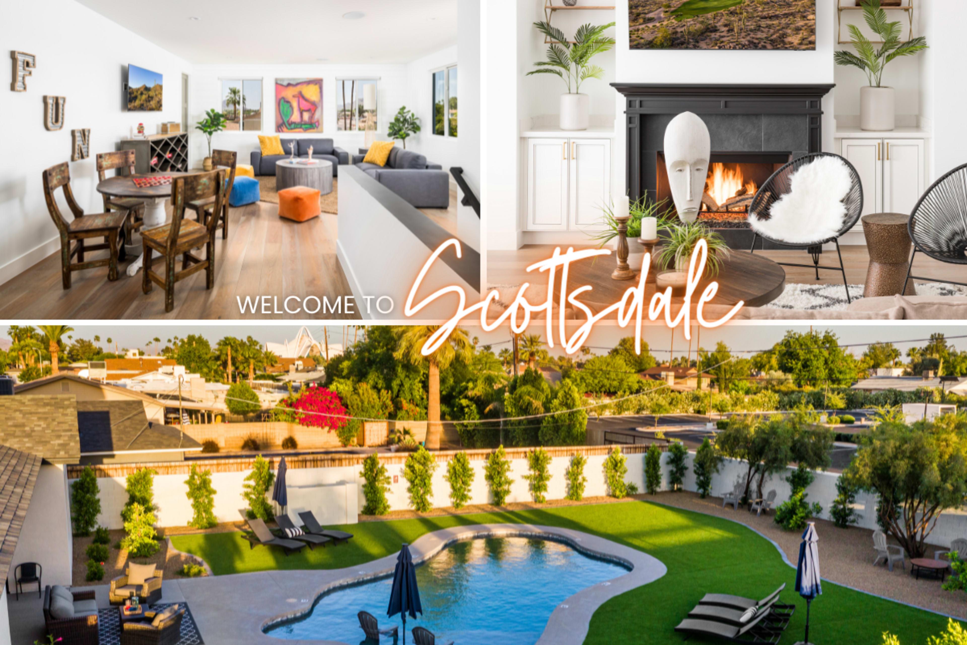 A lively interior with a modern living area, a cozy fireplace setup, and an outdoor space featuring a swimming pool surrounded by lounge chairs.
