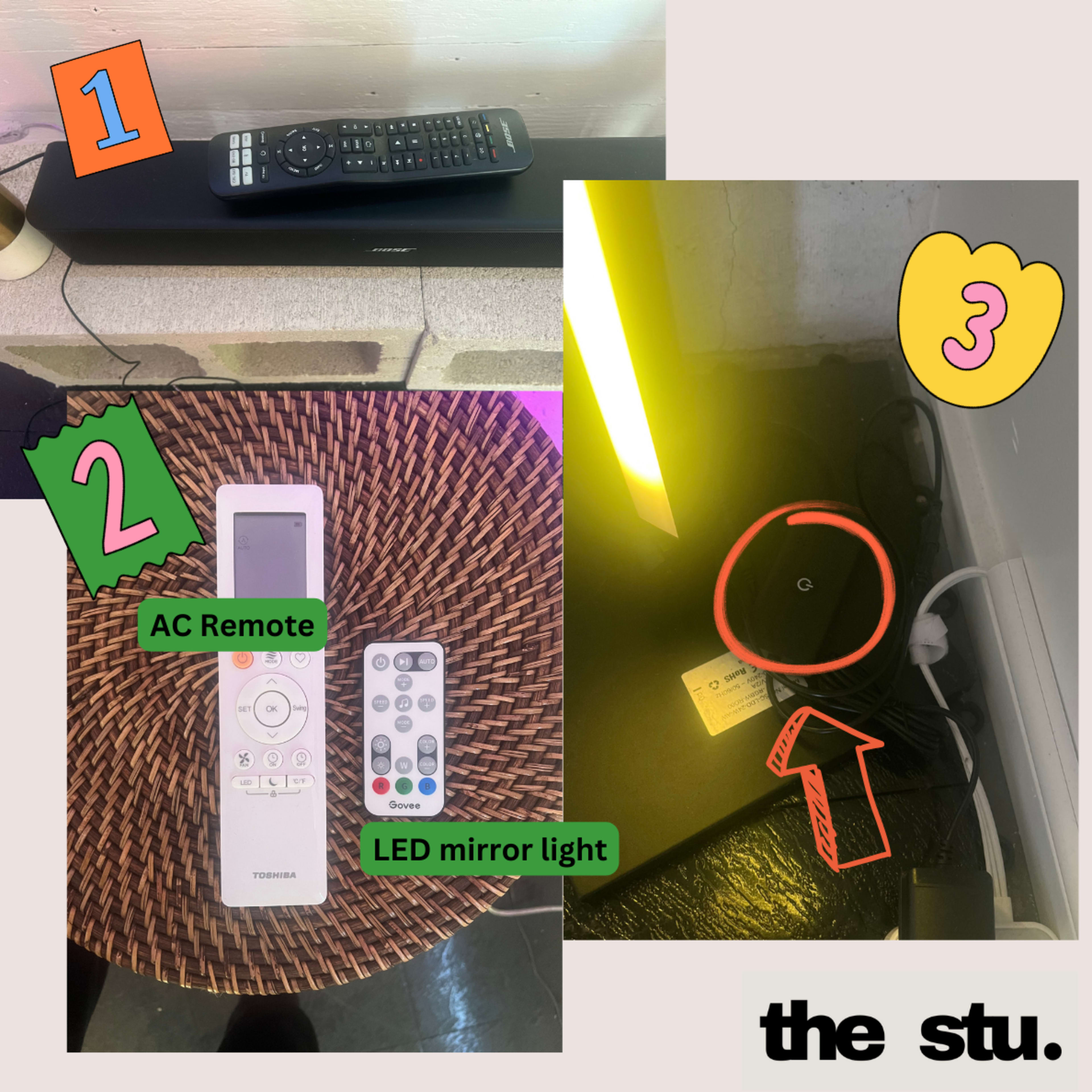 A remote control on a woven mat, an AC remote beside it, and a LED mirror light positioned near tangled cables.