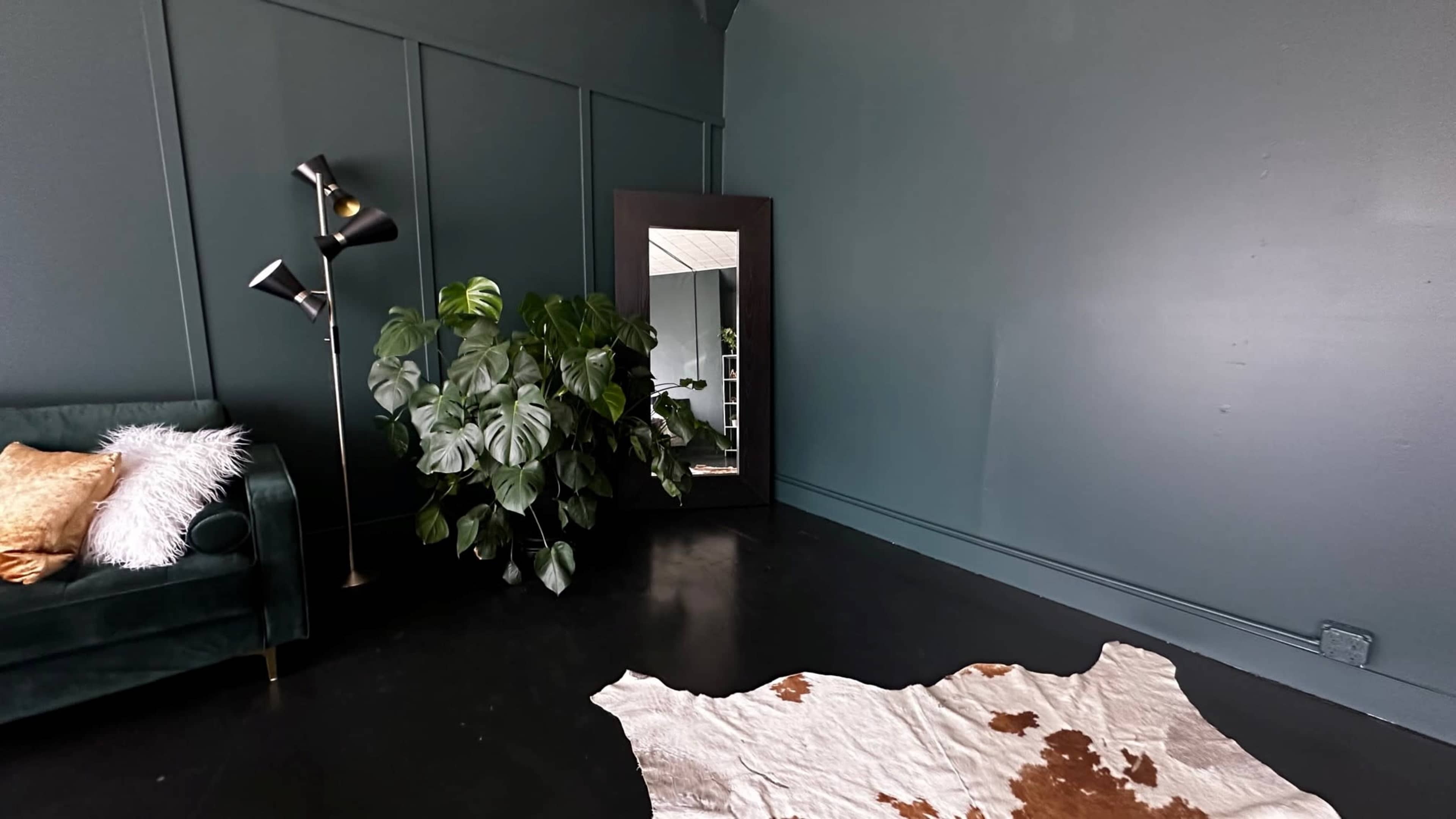 The image shows a room with deep green walls, a large mirror, a leafy plant, a floor lamp, a green sofa, and a cowhide rug on a dark floor.