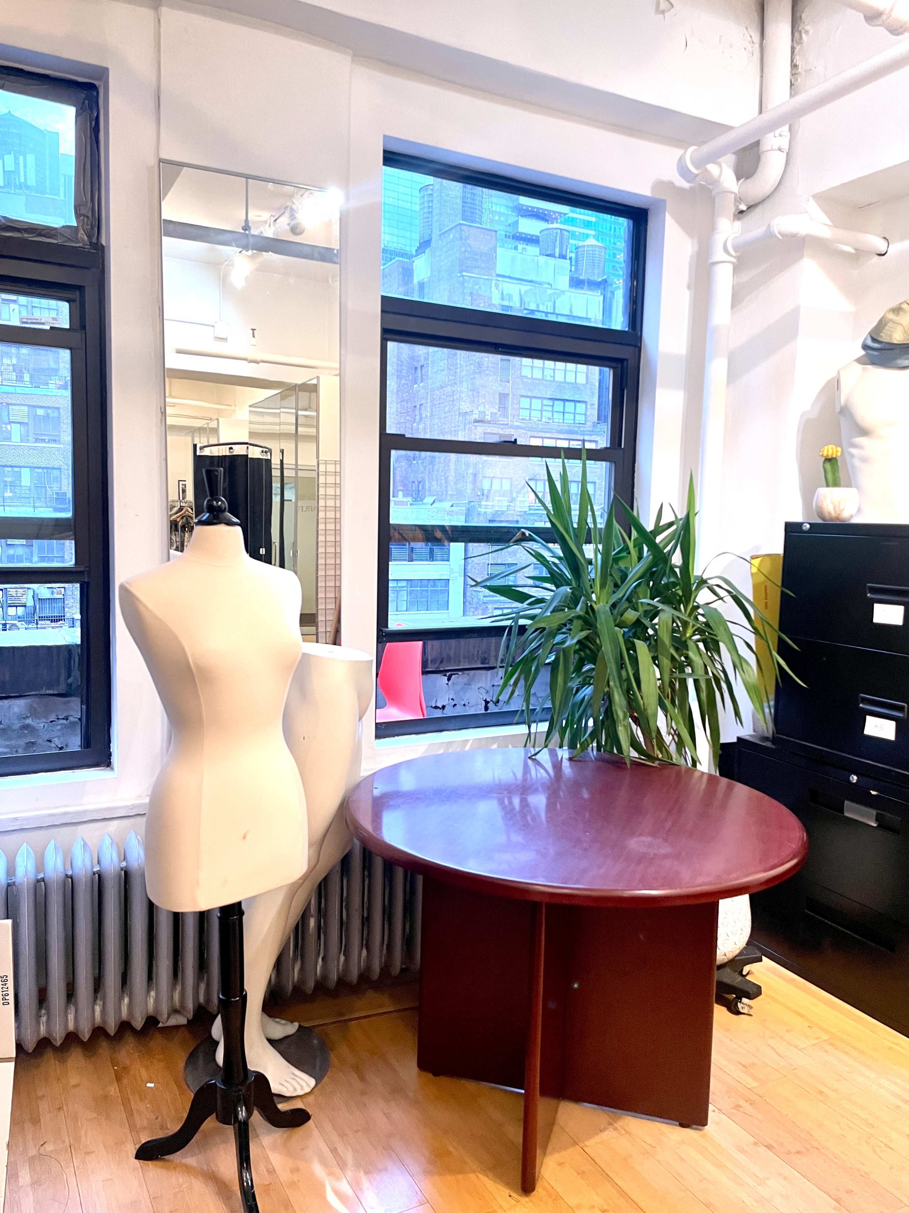 The image shows a room with large windows, a round wooden table, a mannequin, and a potted plant near a radiator.