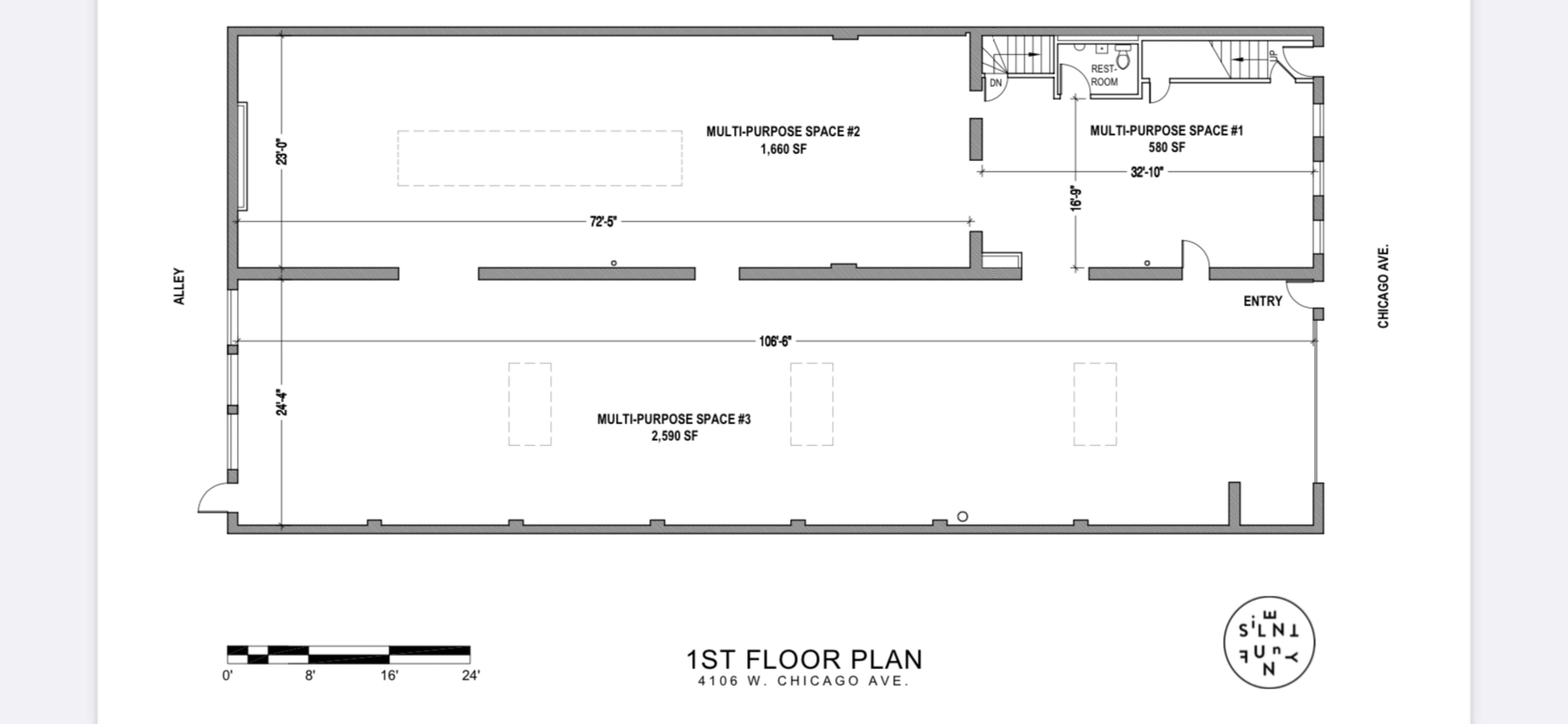 A floor plan for the first floor of a building, detailing multiple multipurpose spaces and their dimensions.