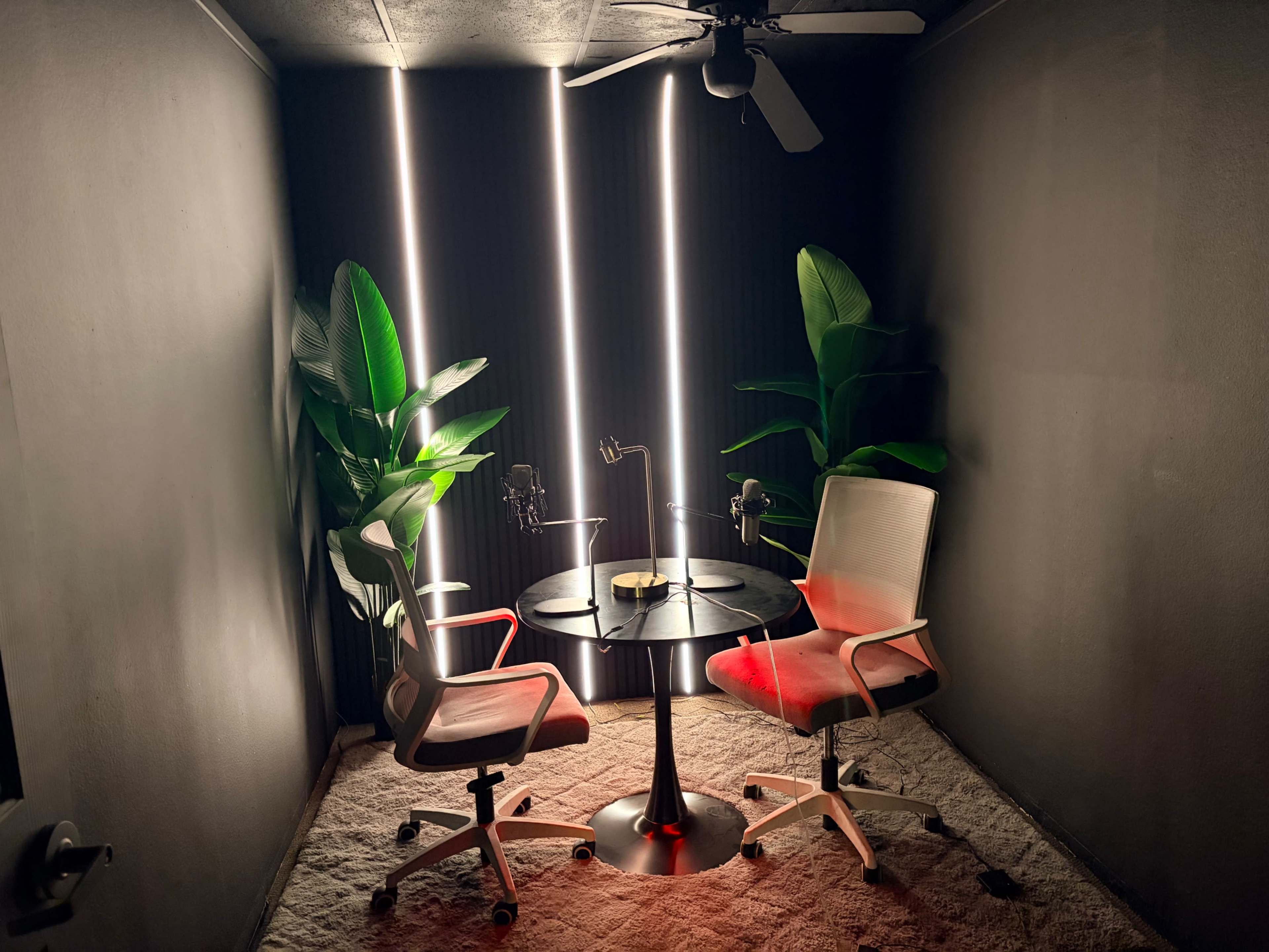 The image shows a small, well-lit room with two chairs and a round table, surrounded by indoor plants and illuminated by vertical light strips.