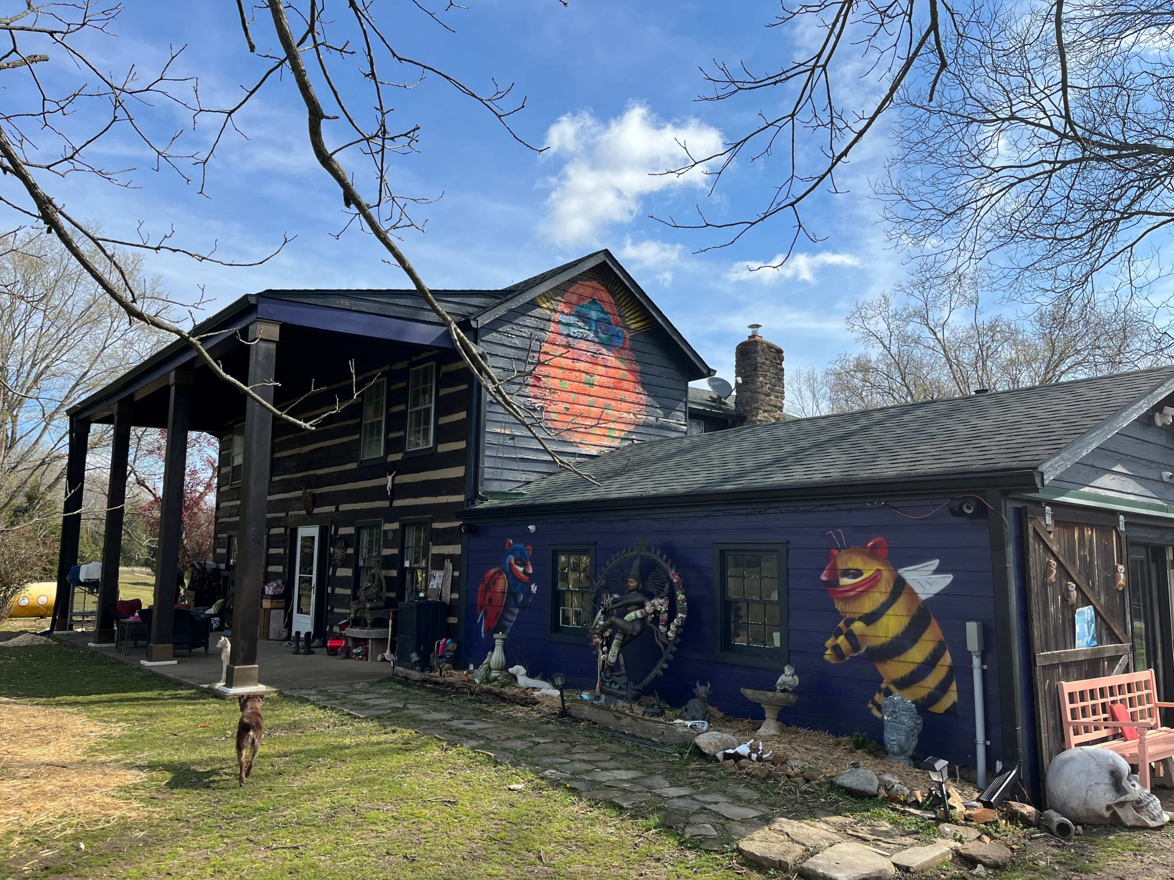 A wooden house features a colorful mural of a bee and a bird on its side, with a grassy yard in front and trees overhead.
