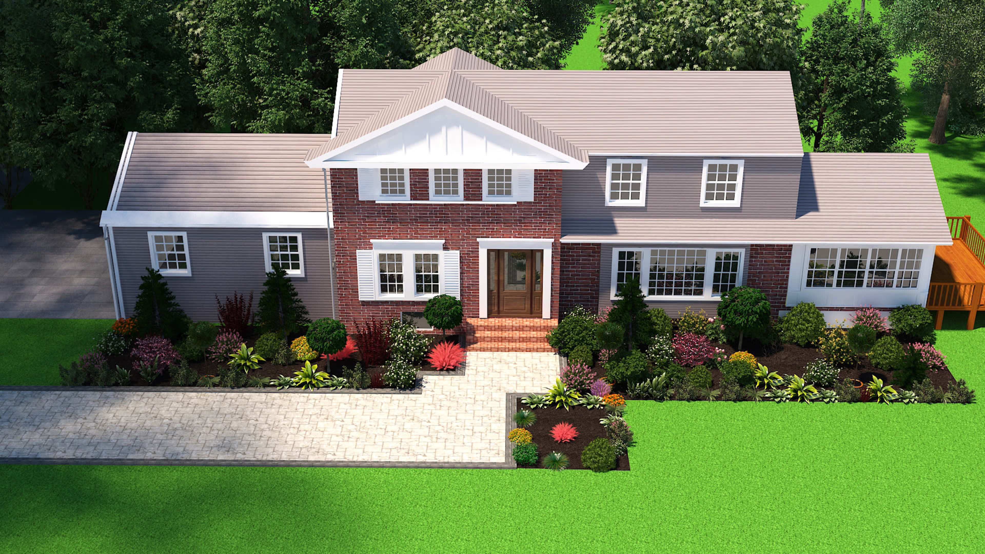 A large, modern home with a mix of brick and siding features a meticulously landscaped front yard with various plants and a stone pathway leading to the entrance.