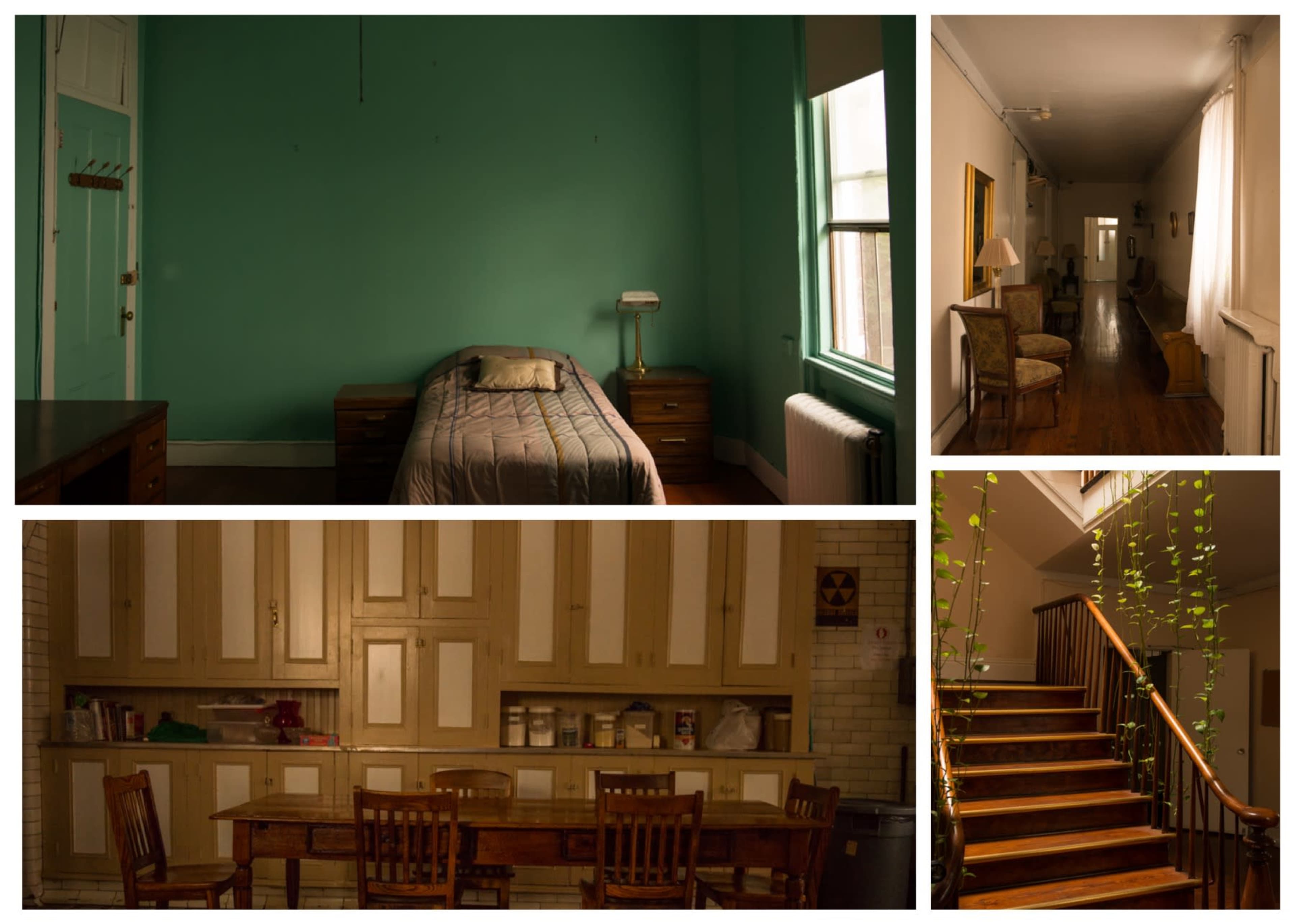 A series of four scenes: a sparsely furnished bedroom with a green wall and a single bed, a dimly lit hallway with light streaming through windows, a kitchen with wooden cabinets and a dining table, and a staircase lined with plants.