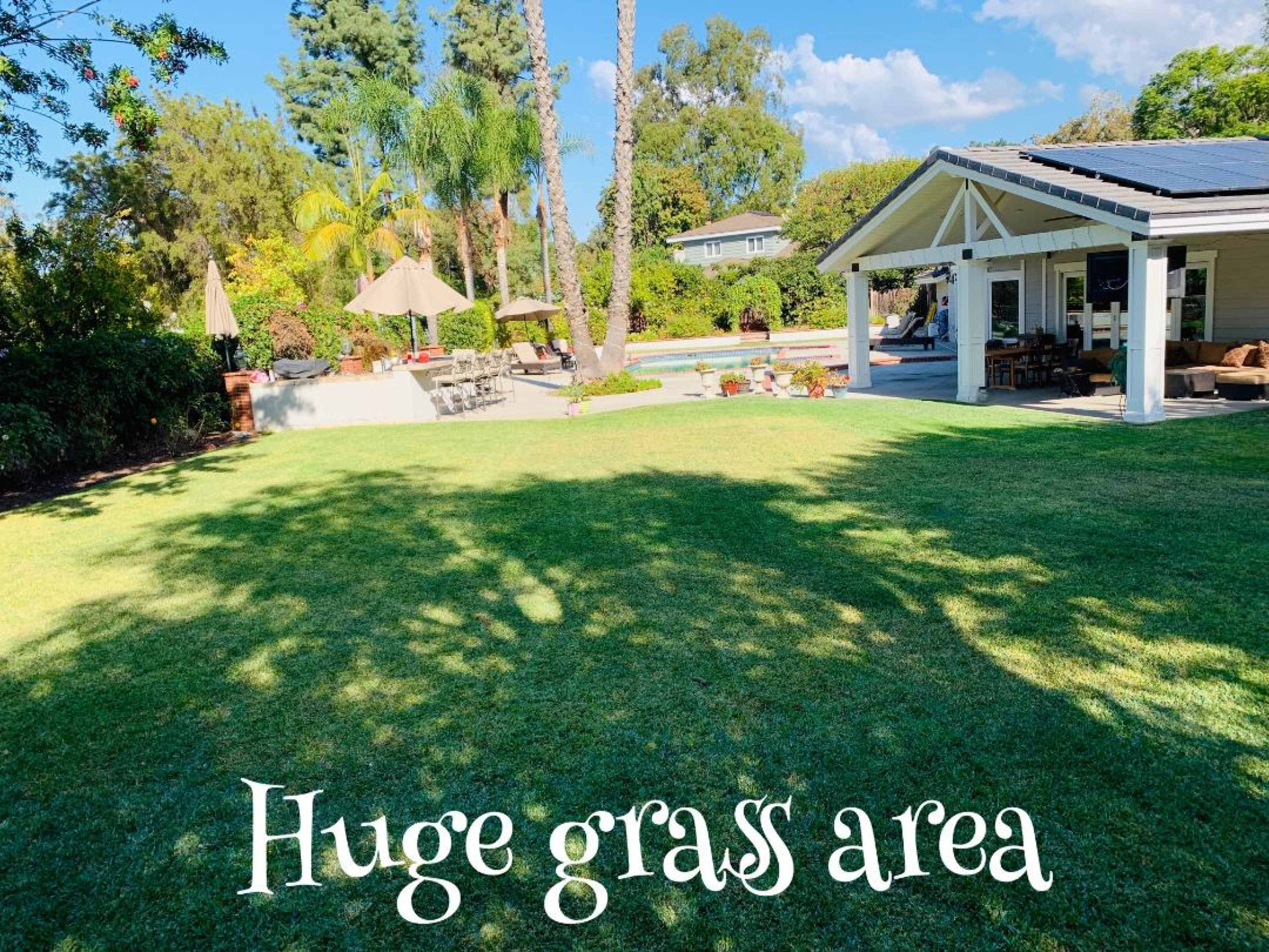 A spacious green lawn with lounge areas and patio furniture visible in a backyard setting.