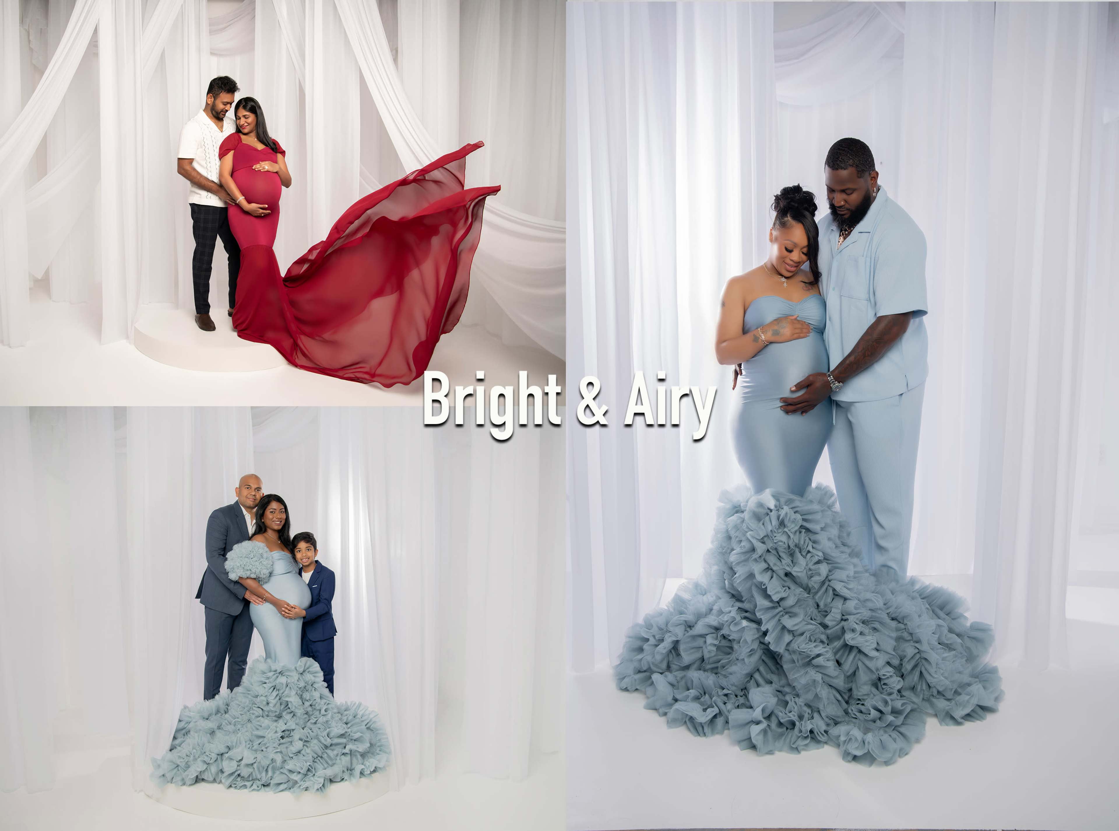 The image features three distinct scenes of couples in elegant evening attire, showcasing maternity themes against a soft, draped fabric backdrop.