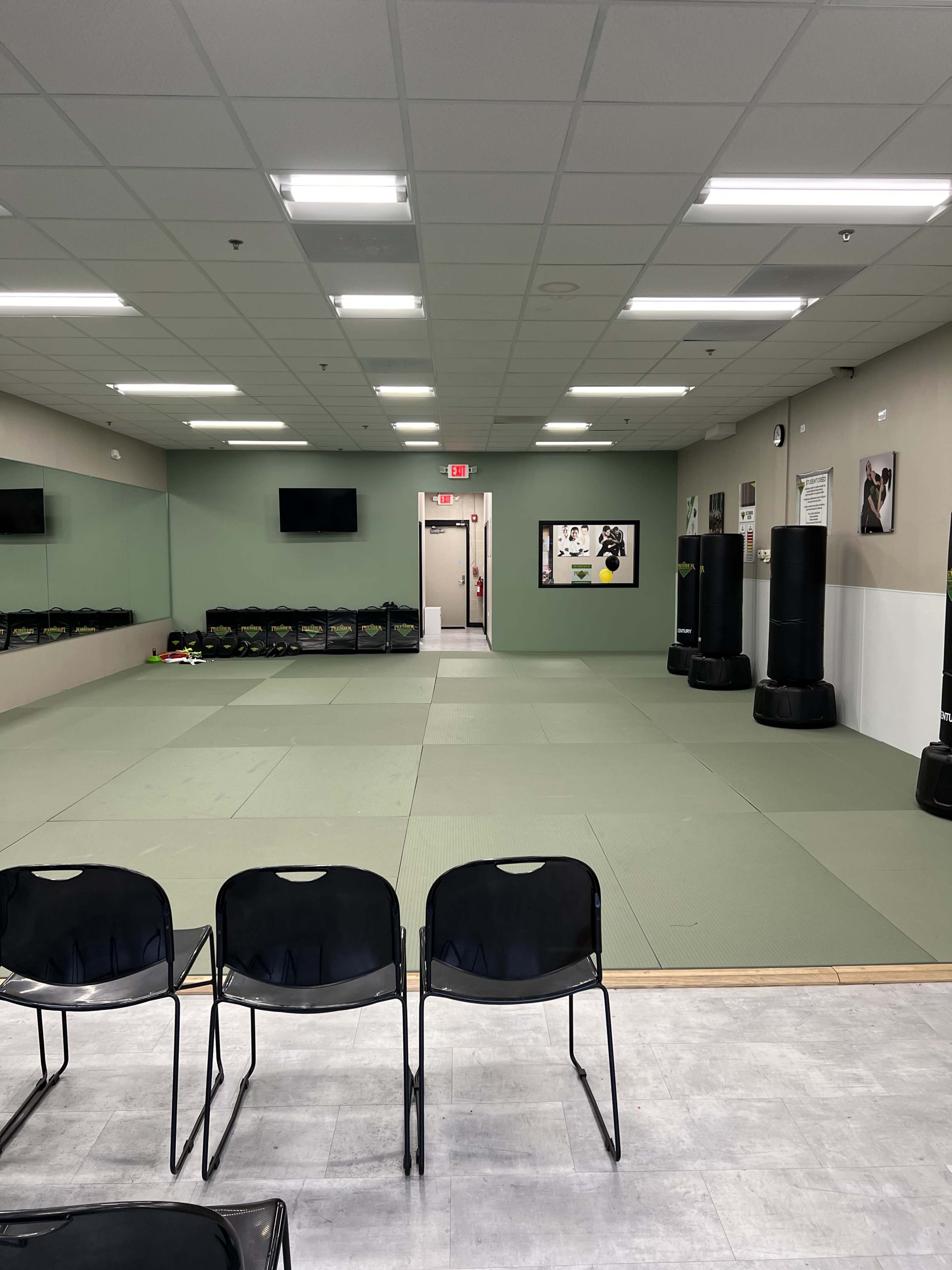 The image shows a spacious martial arts studio with green mats, black punching bags, and a row of black chairs along one side.