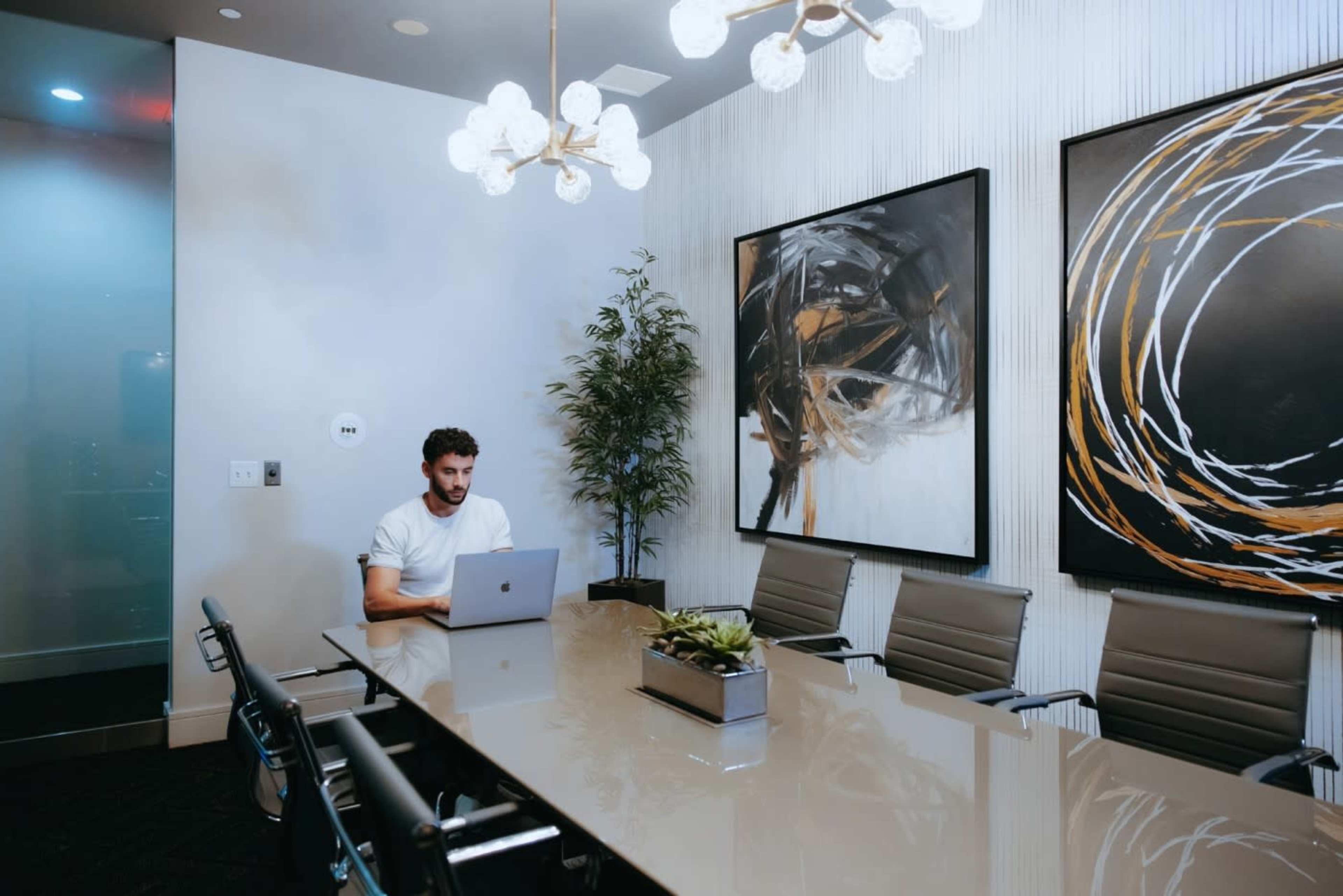 A man is working on a laptop at a conference table in a modern meeting room adorned with abstract artwork and a potted plant.