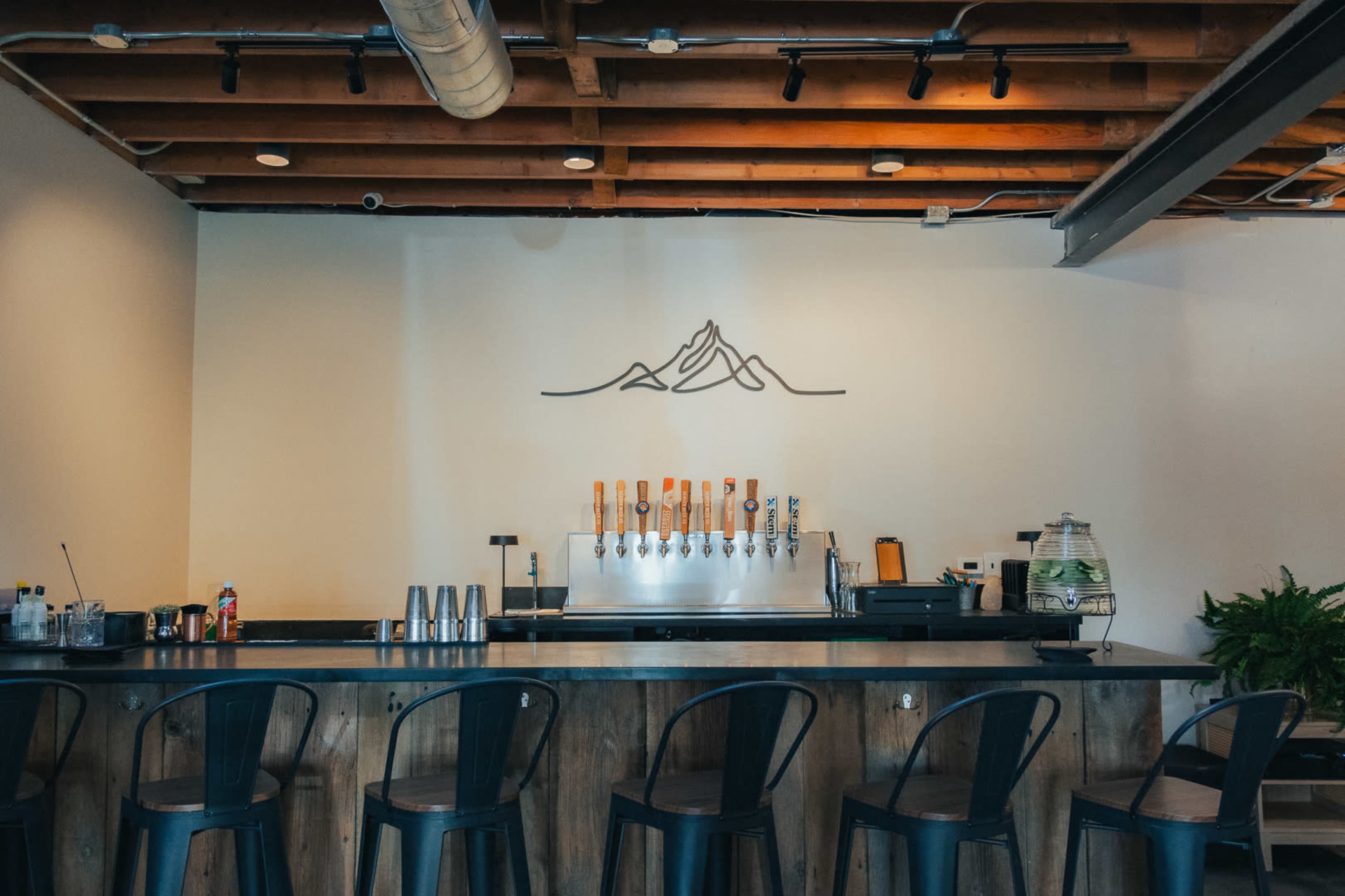 The image shows a bar with a sleek countertop, several beer taps, and a minimalist mountain mural on the wall above.