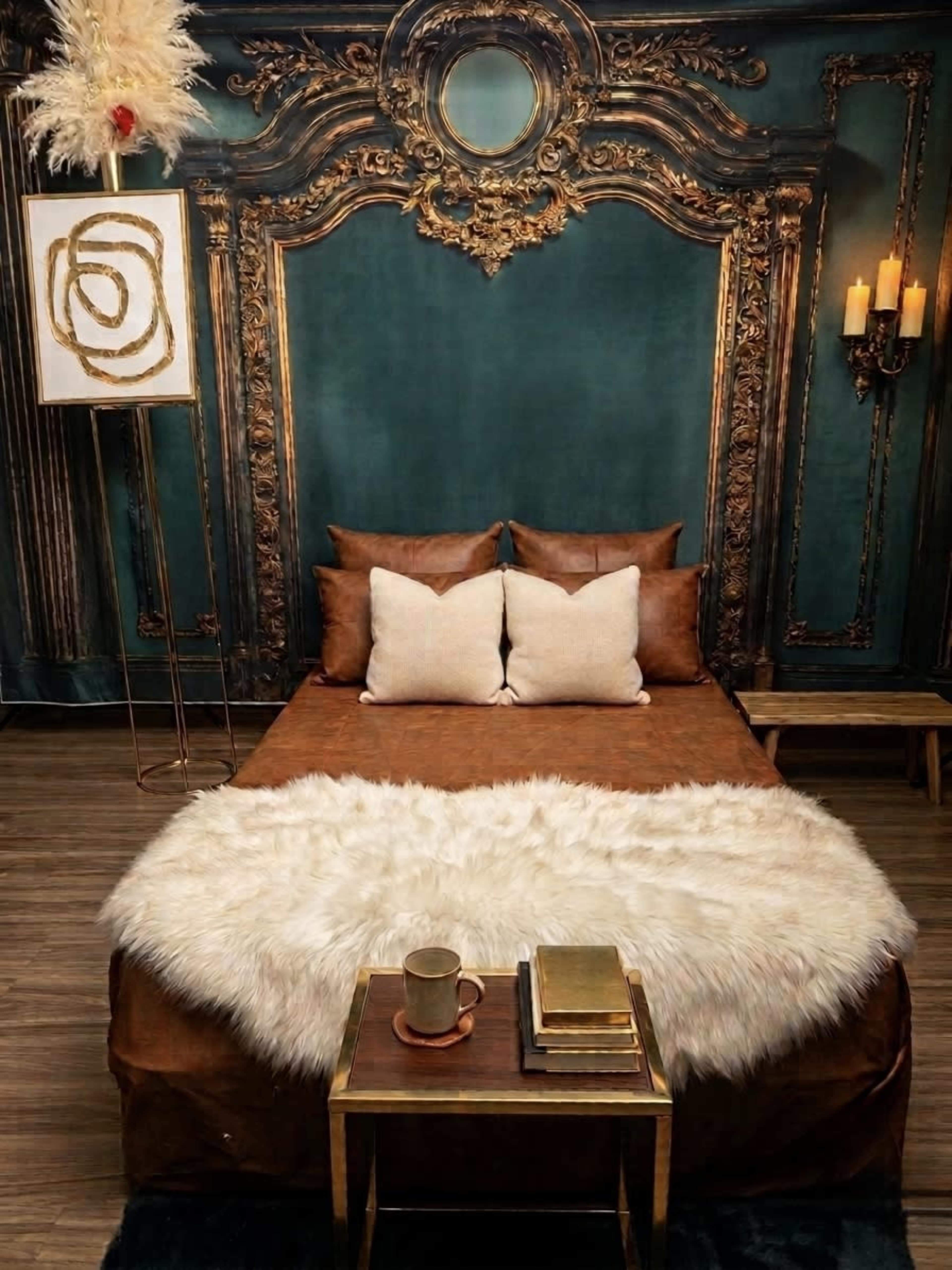 The image features a luxurious bedroom with a dark blue-green wall, an ornate gold headboard above a brown bed dressed with white and beige pillows, and a small table holding a cup and stacked books.