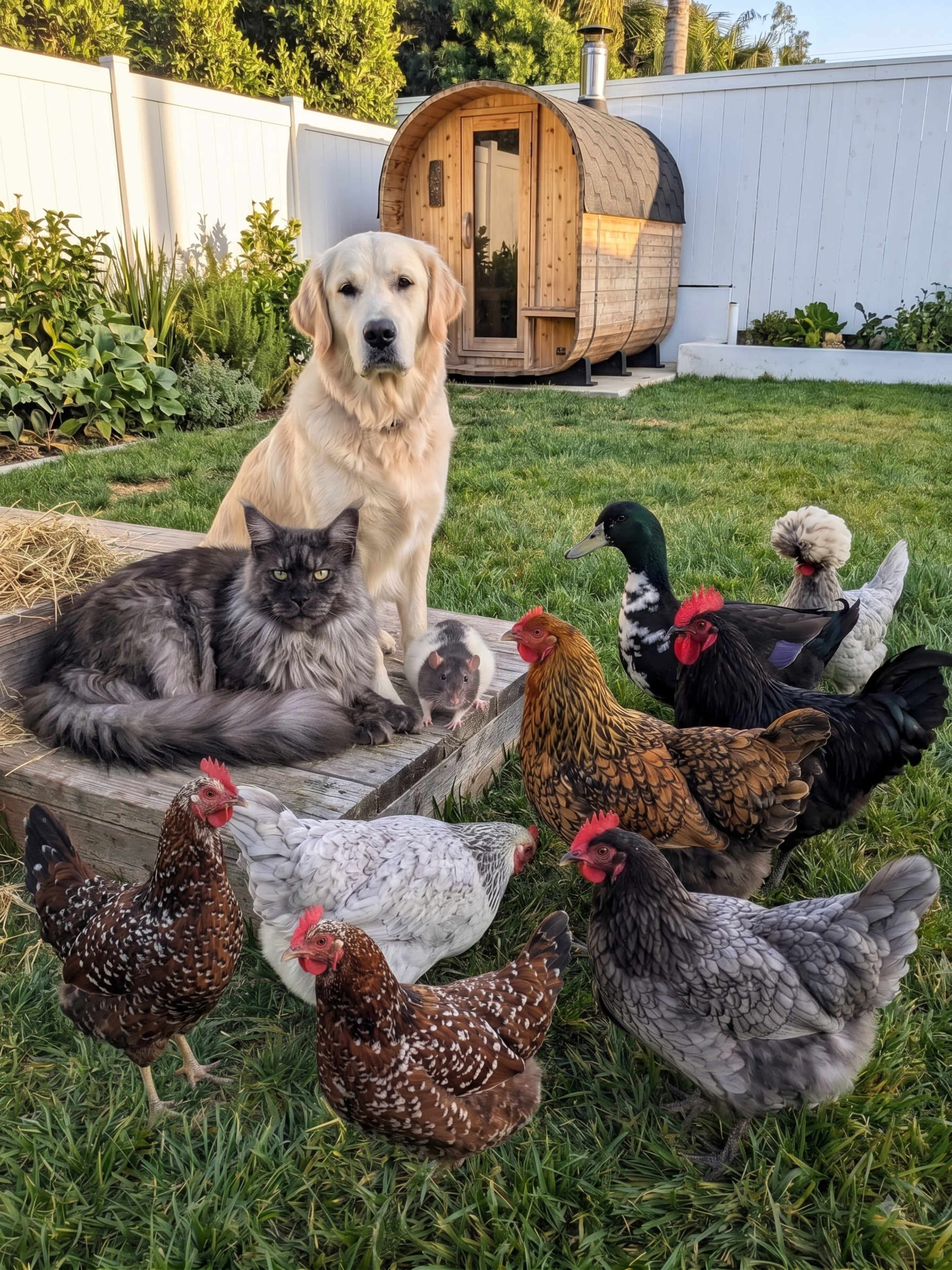 A golden retriever sits beside a gray cat and a small gray rat in a garden with several chickens and a wooden sauna in the background.