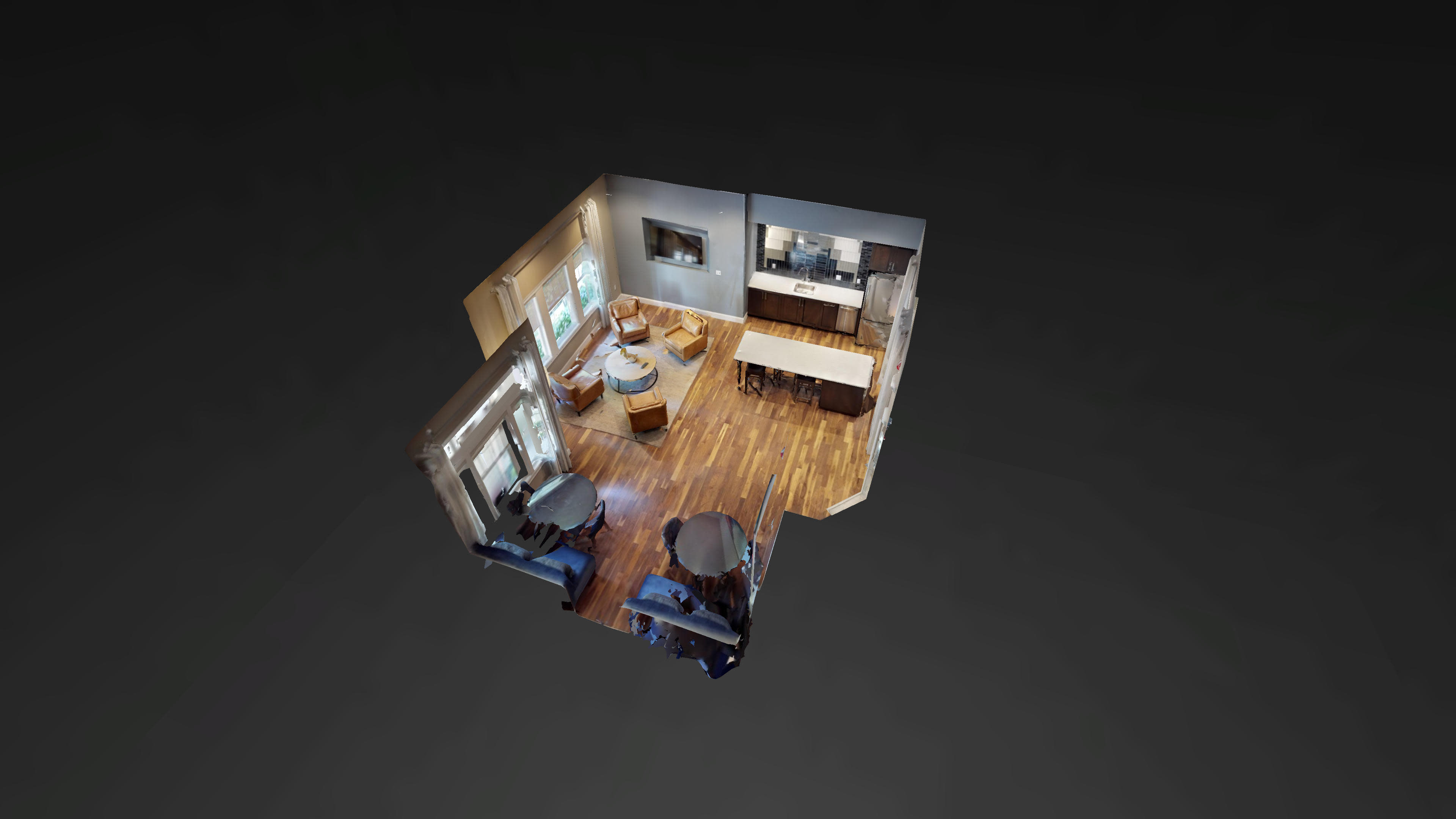 A three-dimensional rendering of a small open-concept living space featuring a dining area, kitchen, and various seating arrangements.