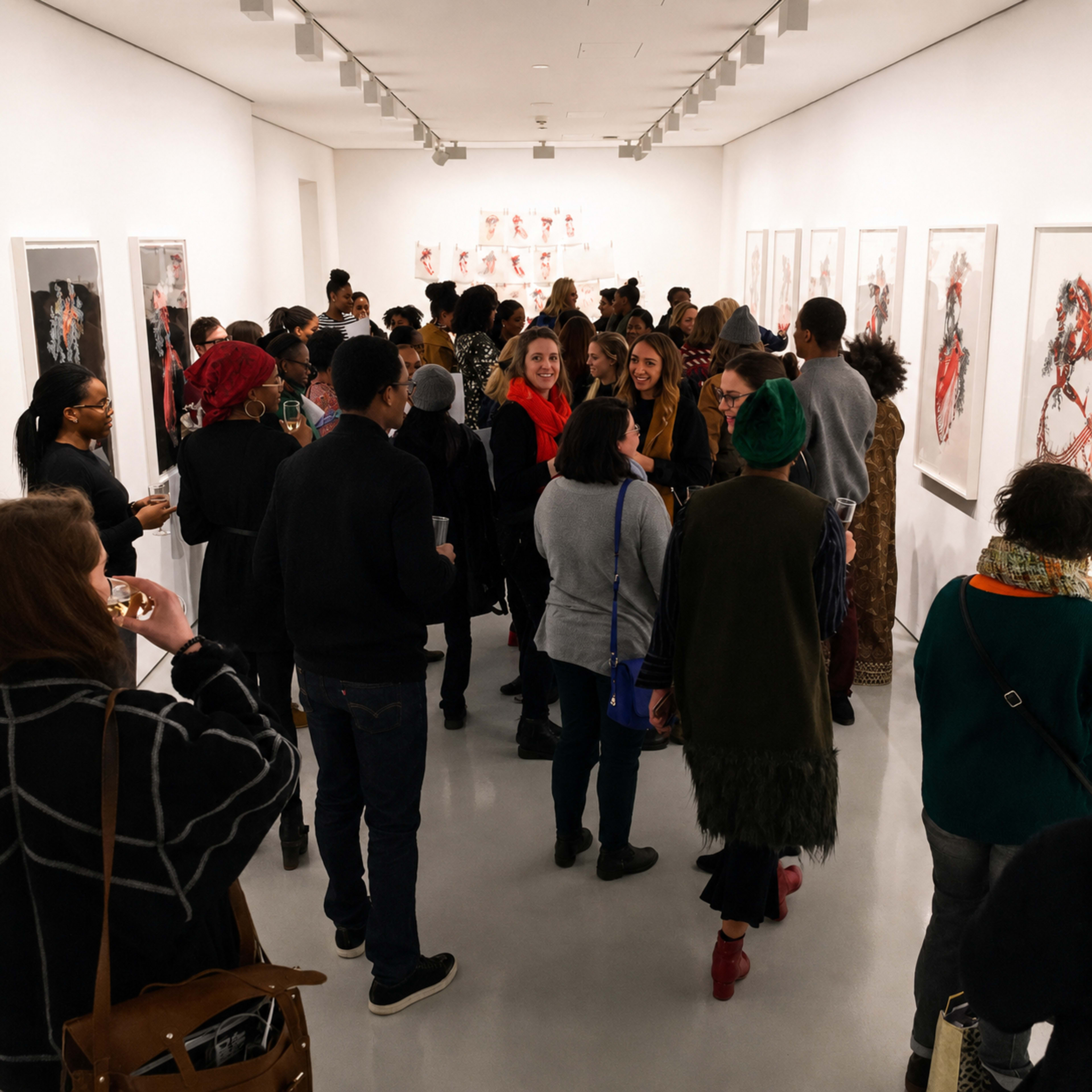 A large group of people mingles and engages in conversation at an art gallery, surrounded by framed artworks on the walls.