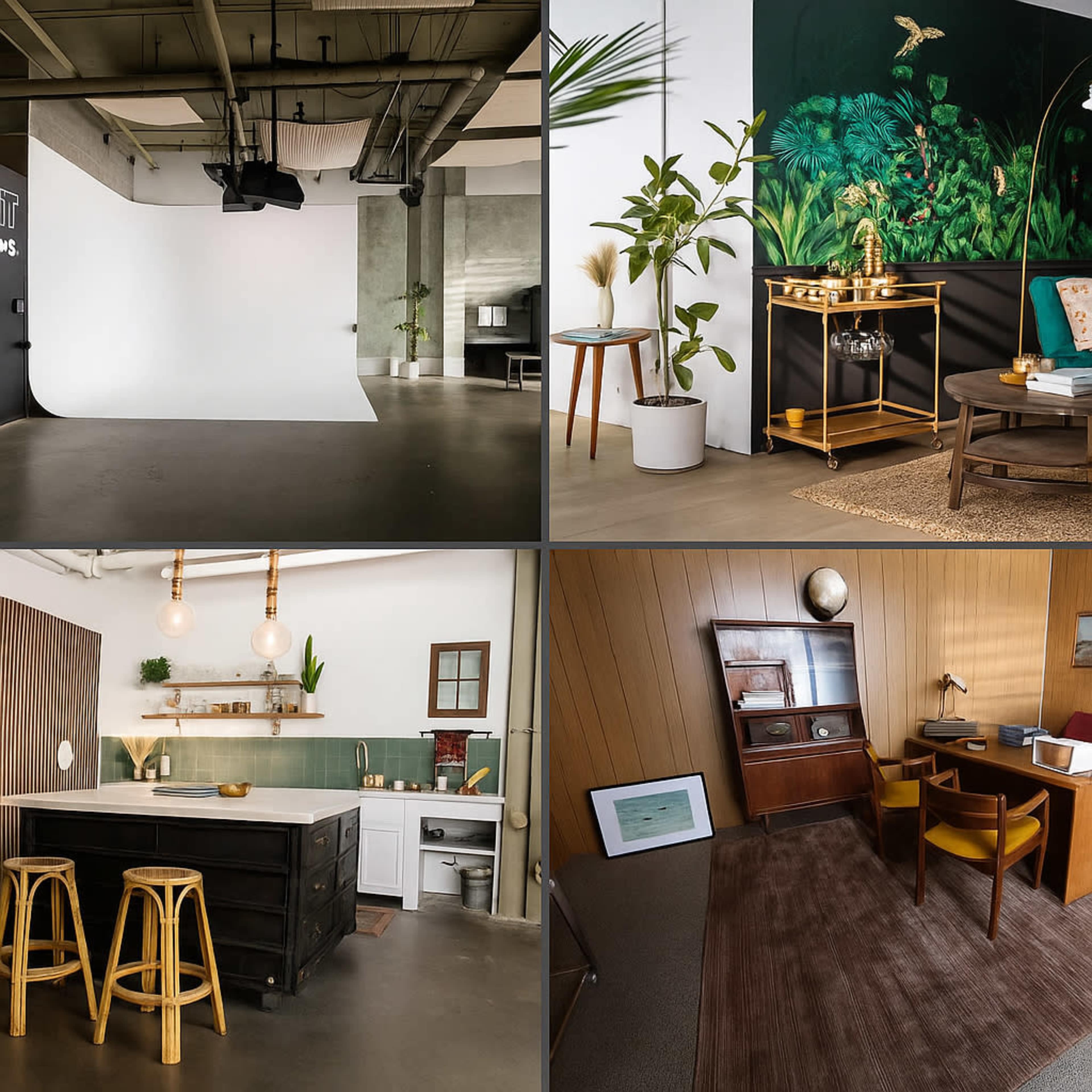 The image showcases a collage of four distinct interior spaces, each featuring different design elements such as a photography backdrop, a decorated living area, a kitchen setup, and a cozy office with wooden paneling.