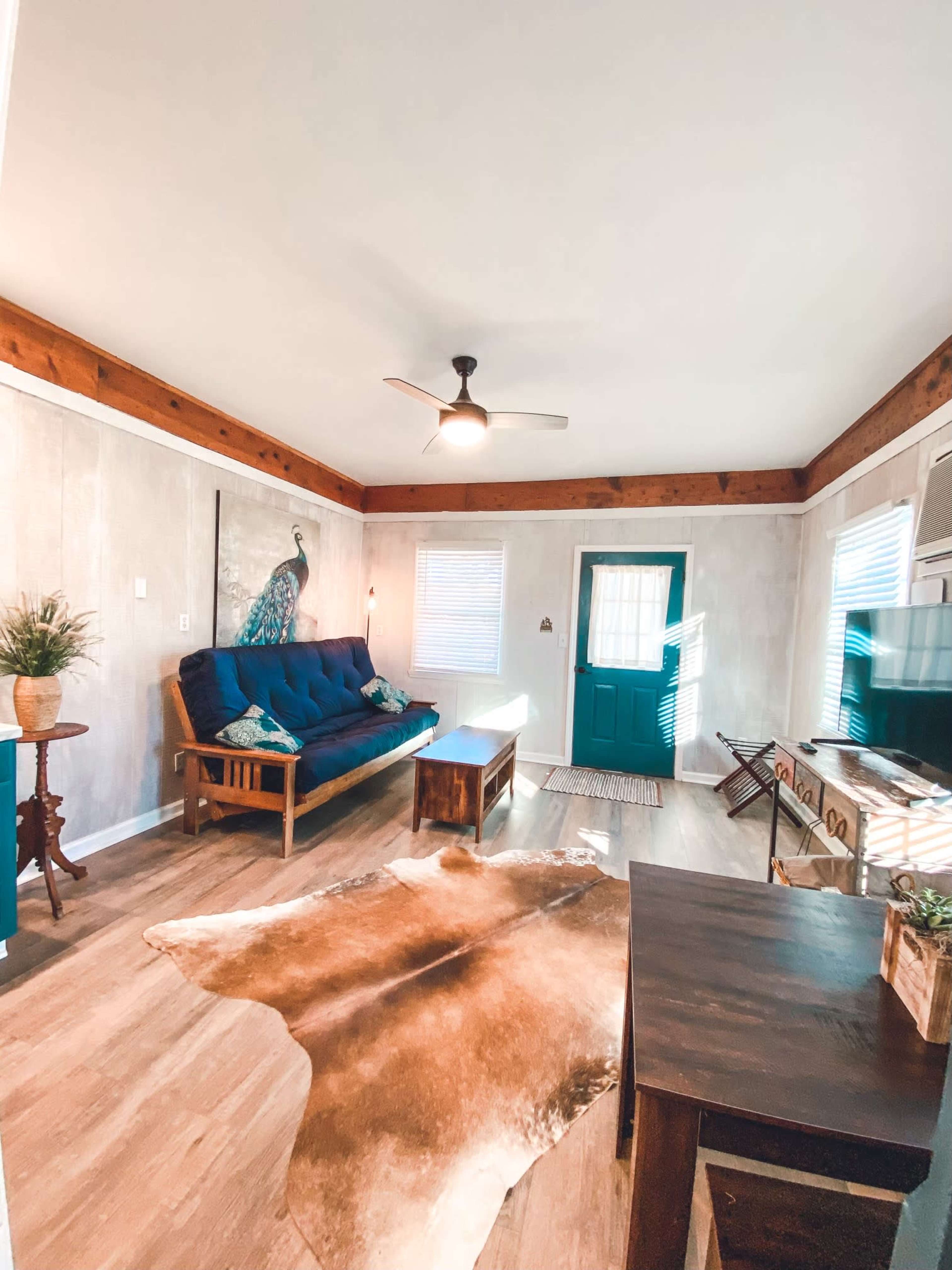 The living room features a blue futon, a wooden coffee table on a cowhide rug, and a teal door leading outside.