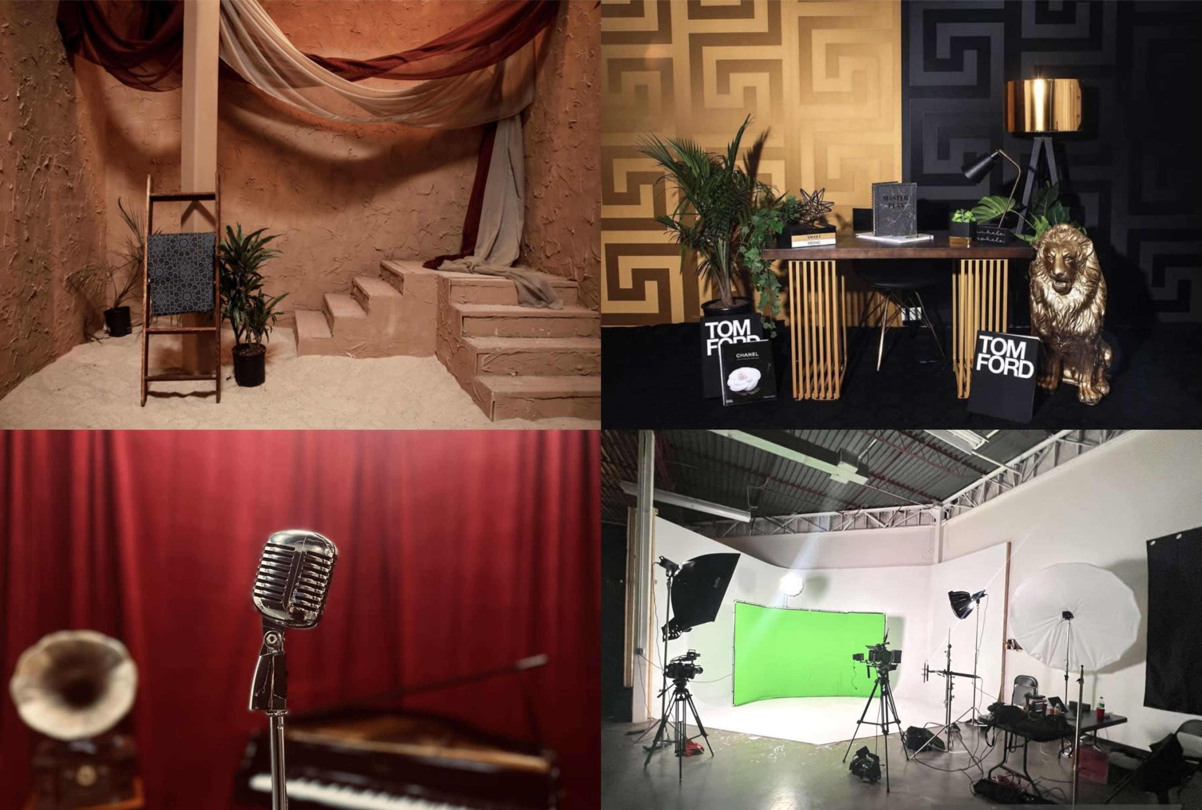 Four distinct scenes: a warm-toned stage with stairs and fabric drapery, a stylish setup featuring a Tom Ford display and a lion sculpture, a close-up of a vintage microphone and piano, and a studio space with lights and a green backdrop.