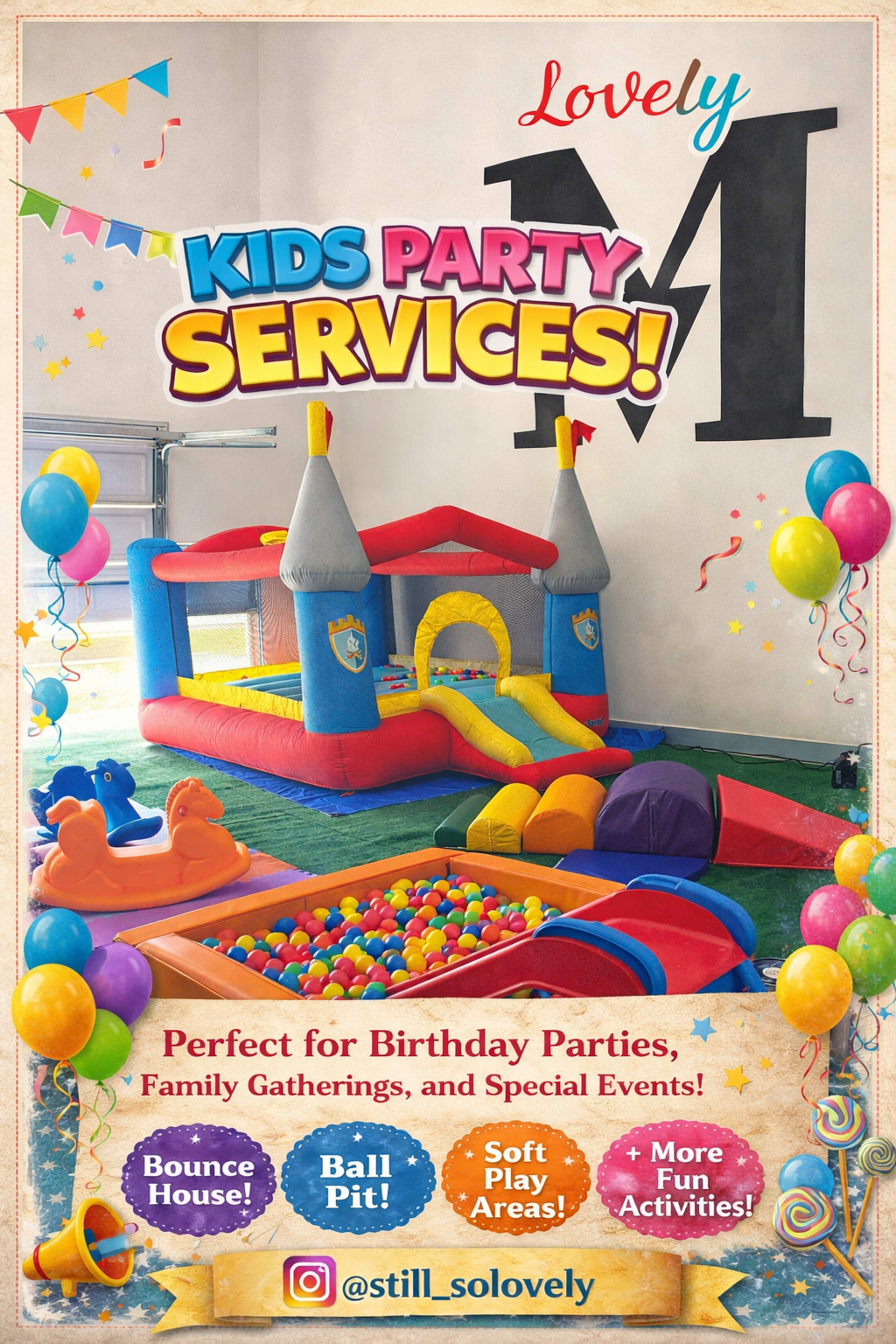 The image displays a colorful indoor play area featuring a bounce house, a ball pit, and various decorations for children's party services.