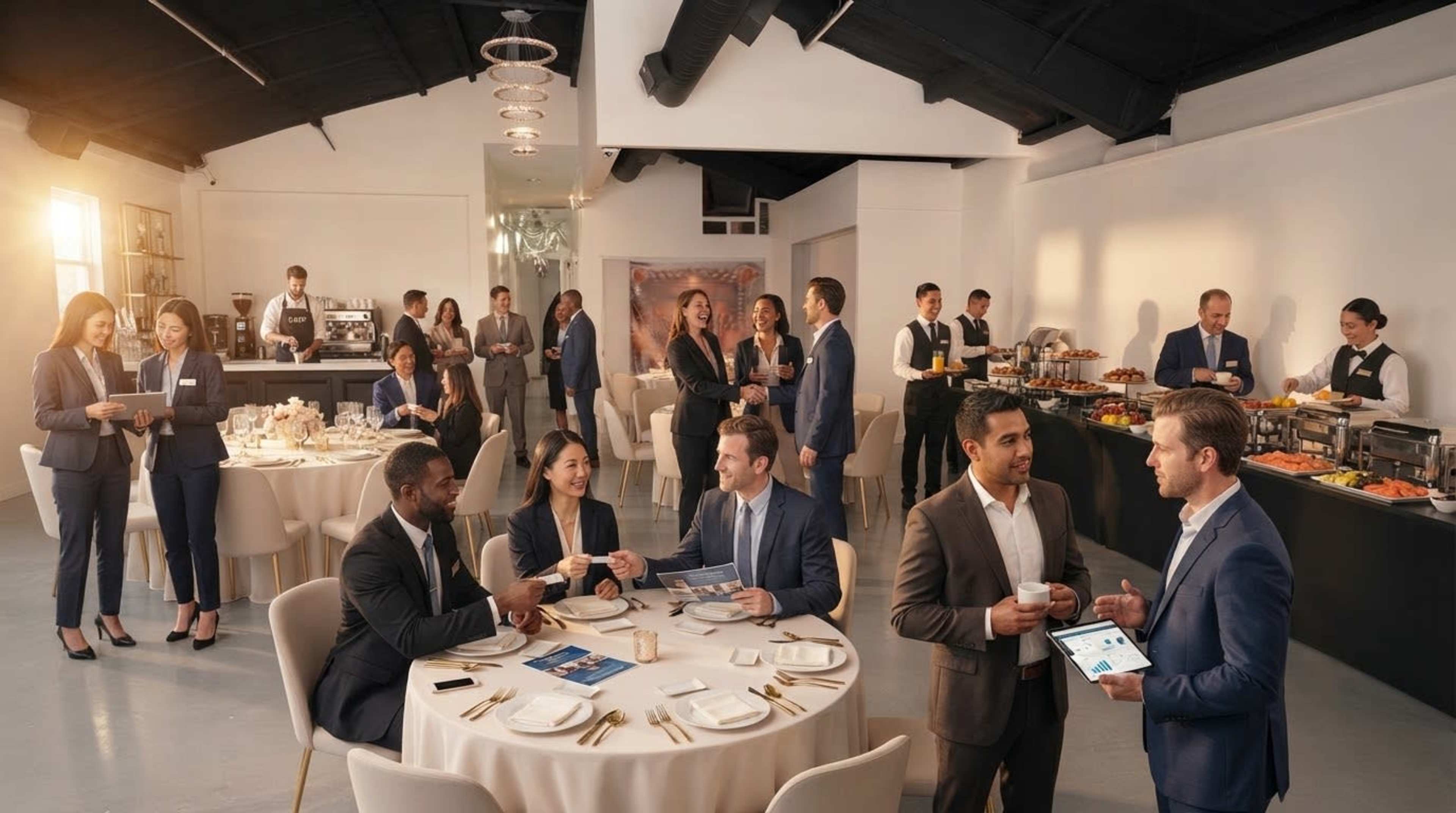 The image shows a large, well-lit event space with several groups of people in business attire conversing at tables, while a buffet setup displays an array of food in the background.