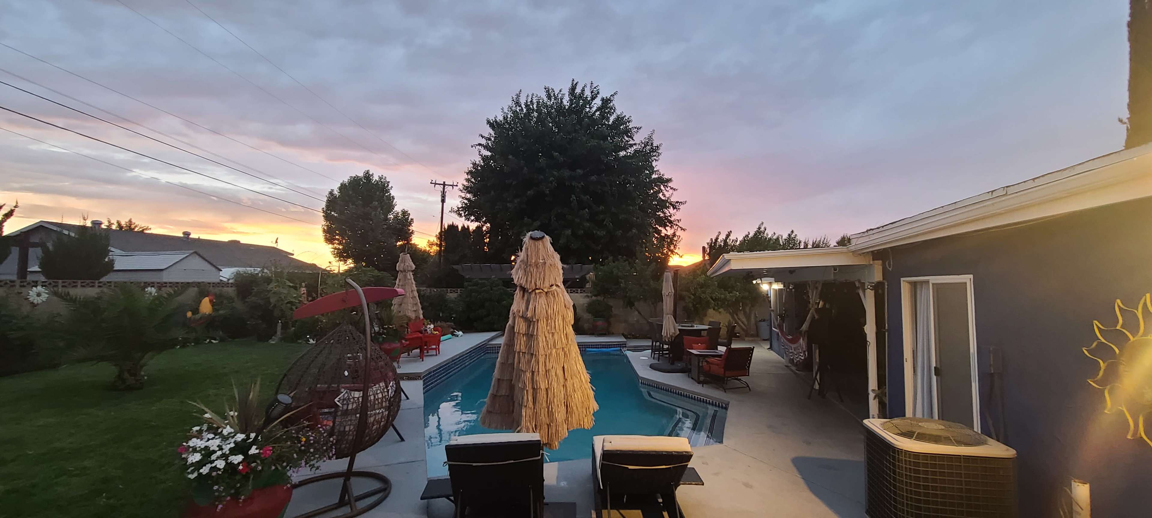 A backyard with a swimming pool, patio furniture, and a large tree, set against a sunset sky.