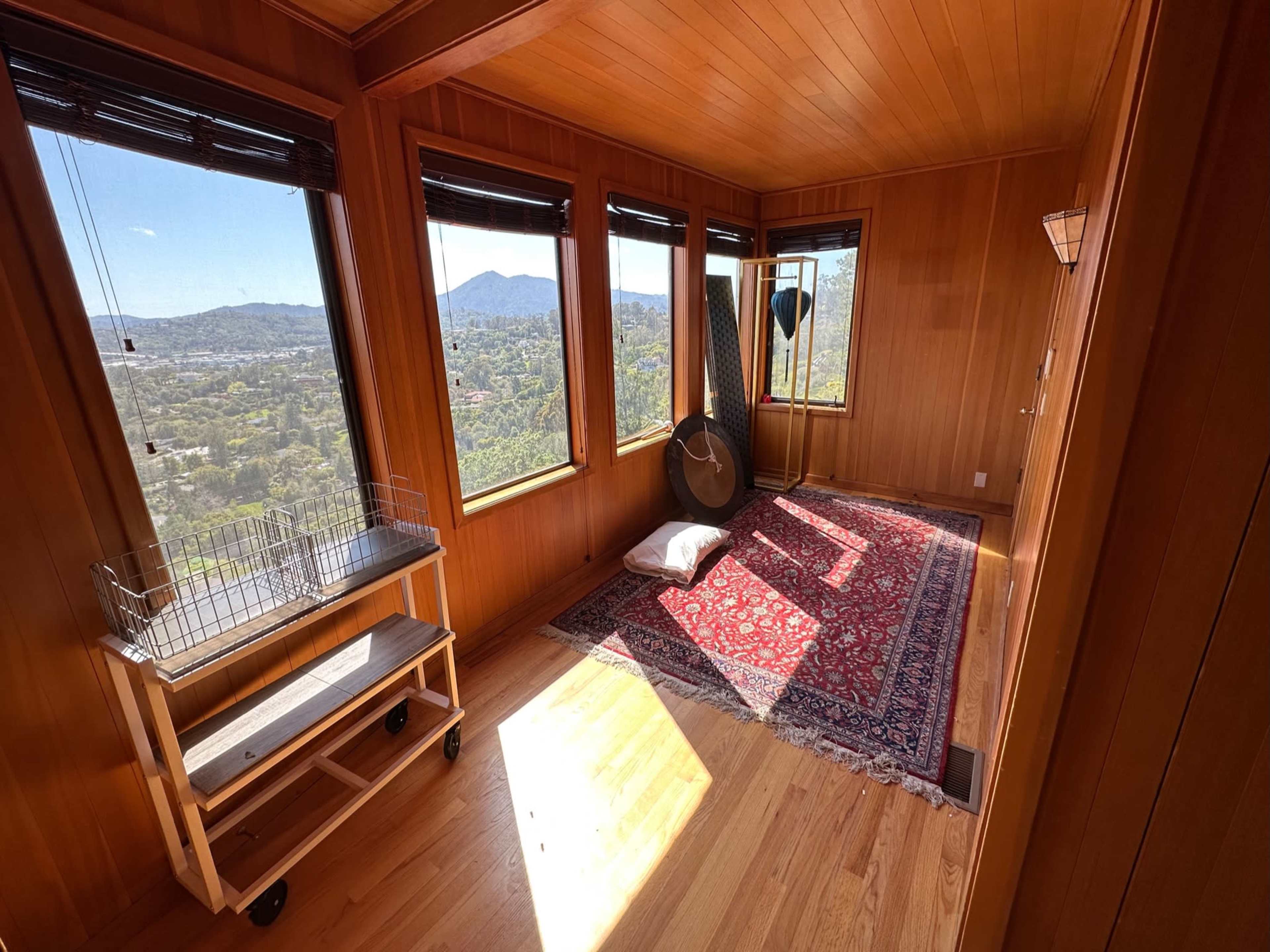 The room features wooden walls and flooring, large windows with a mountain view, a patterned rug, a low cushion, and a cart with a wire basket.