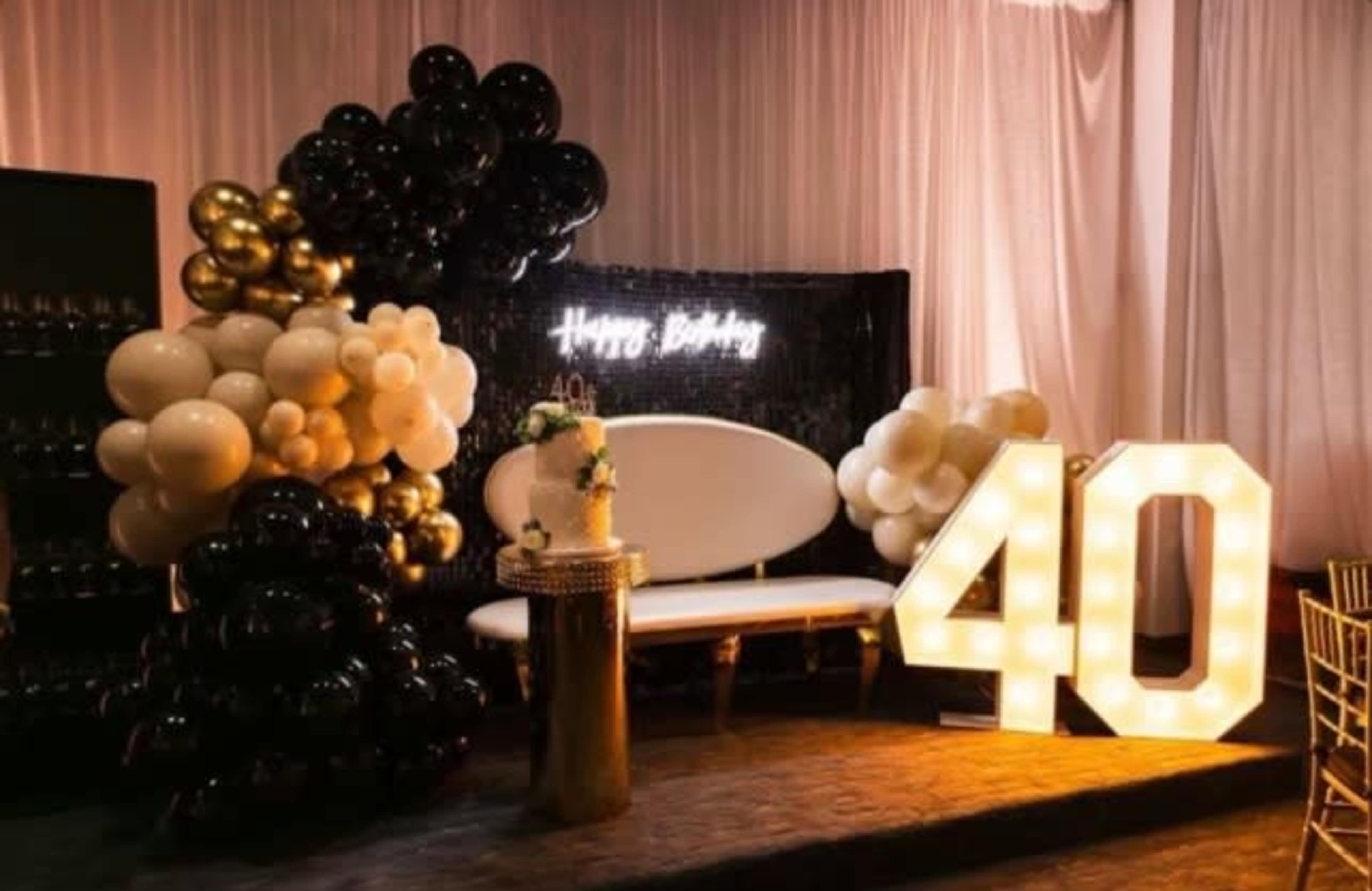 The image shows a birthday celebration setup featuring a backdrop with balloons, a illuminated sign that reads "Happy Birthday," and a large decorative "40" display.