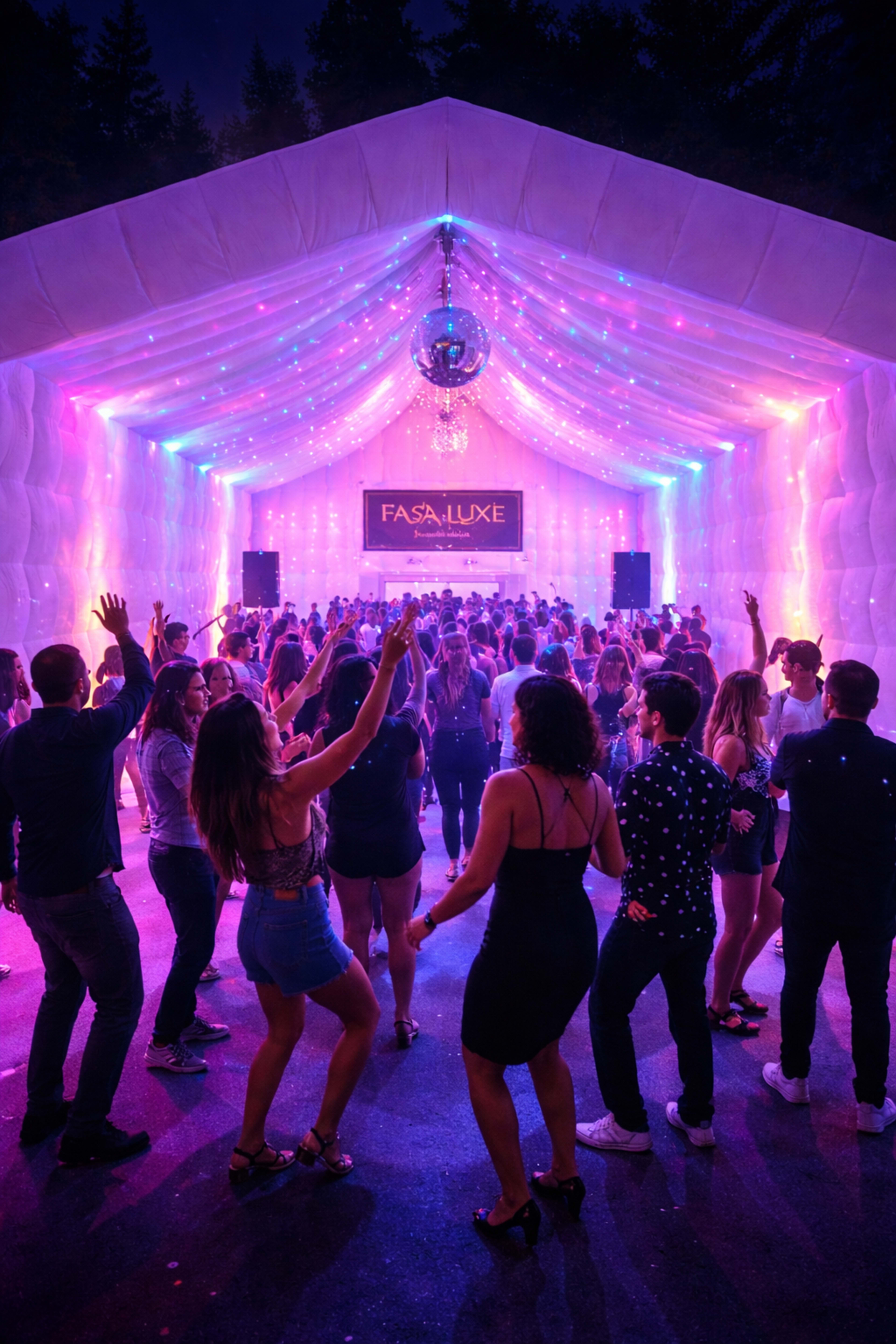 A large crowd dances under colorful lights inside an illuminated tent adorned with a disco ball.