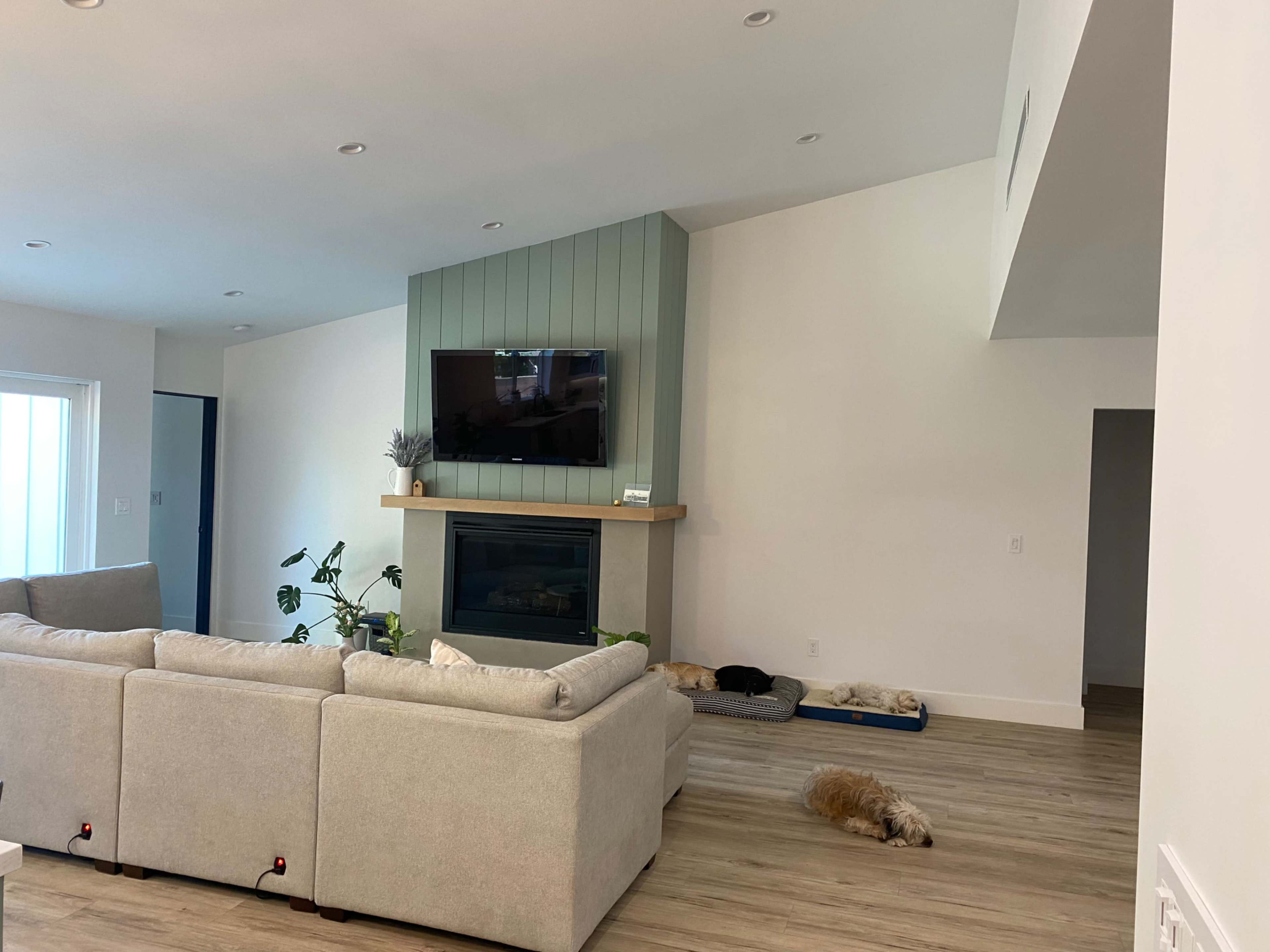 A living room features a light-colored sectional sofa facing a fireplace with a mounted television above and two dogs resting on the floor.
